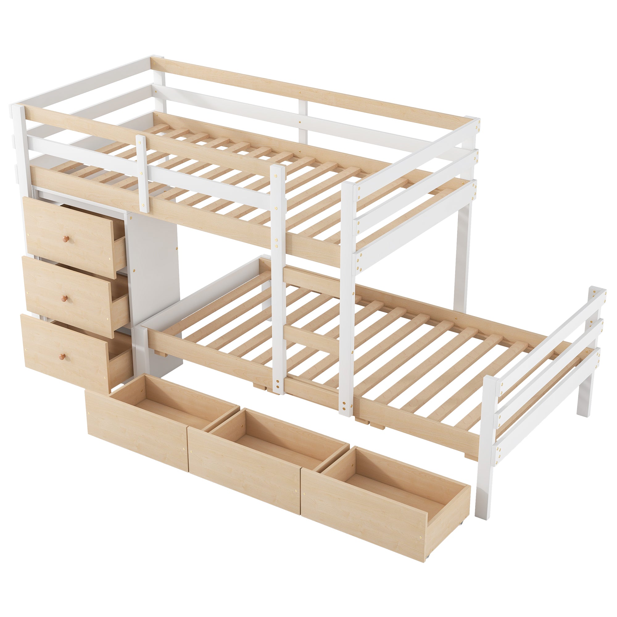 Twin over Twin Loft Bunk Bed with Drawers and Ladder, Natural