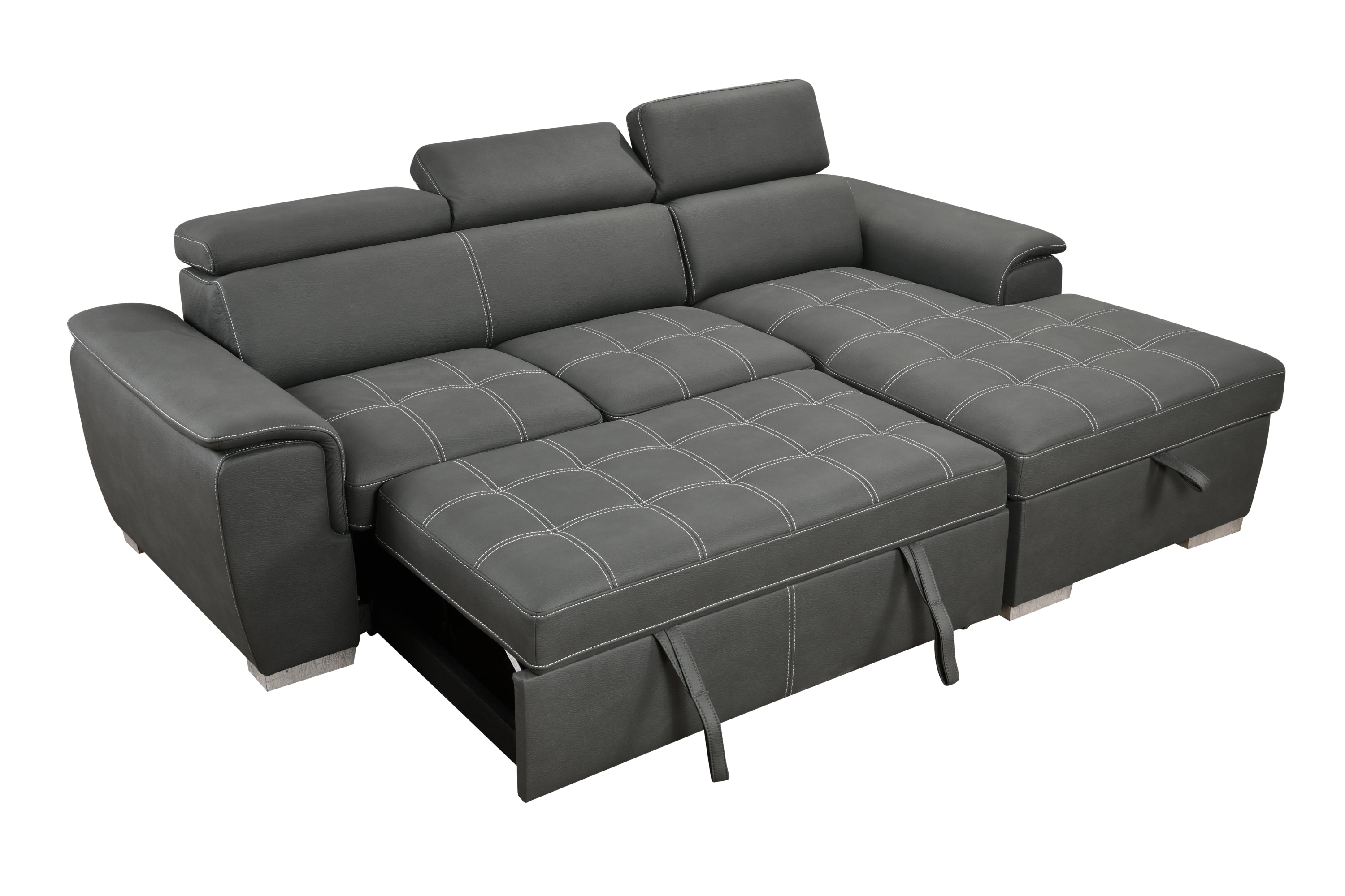 97 inch Convertible Sectional Sofa with Storage Chaise, Adjustable Headrests, Contemporary L-shaped Sleeper Corner Sectional Sofa with a Pull-Out Bed ,Gray