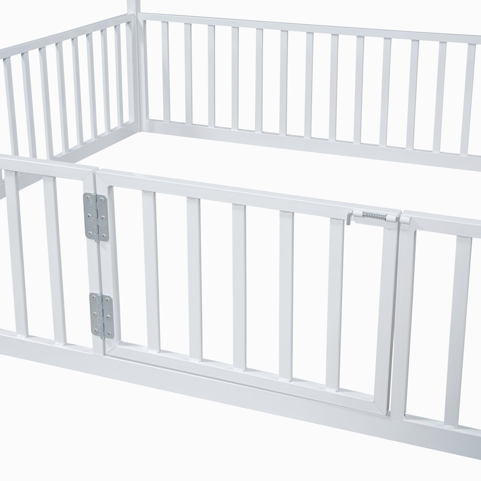 Full Size Metal House Bed with Fence and Door, White