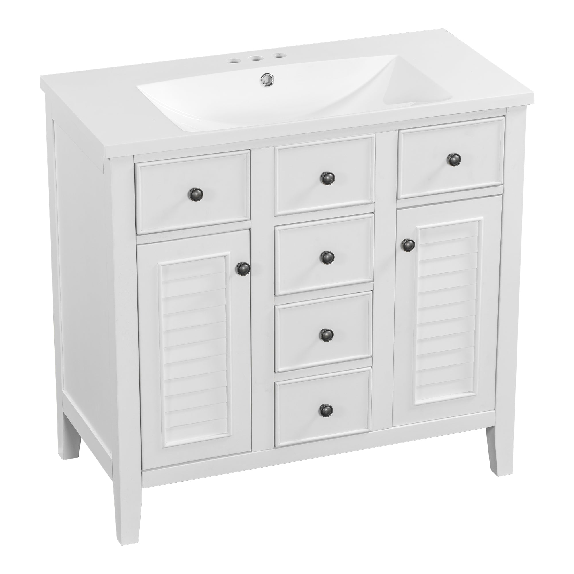 36" Bathroom Vanity with Ceramic Basin, Two Cabinets and Five Drawers, Solid Wood Frame, White (OLD SKU: SY999202AAK-1)