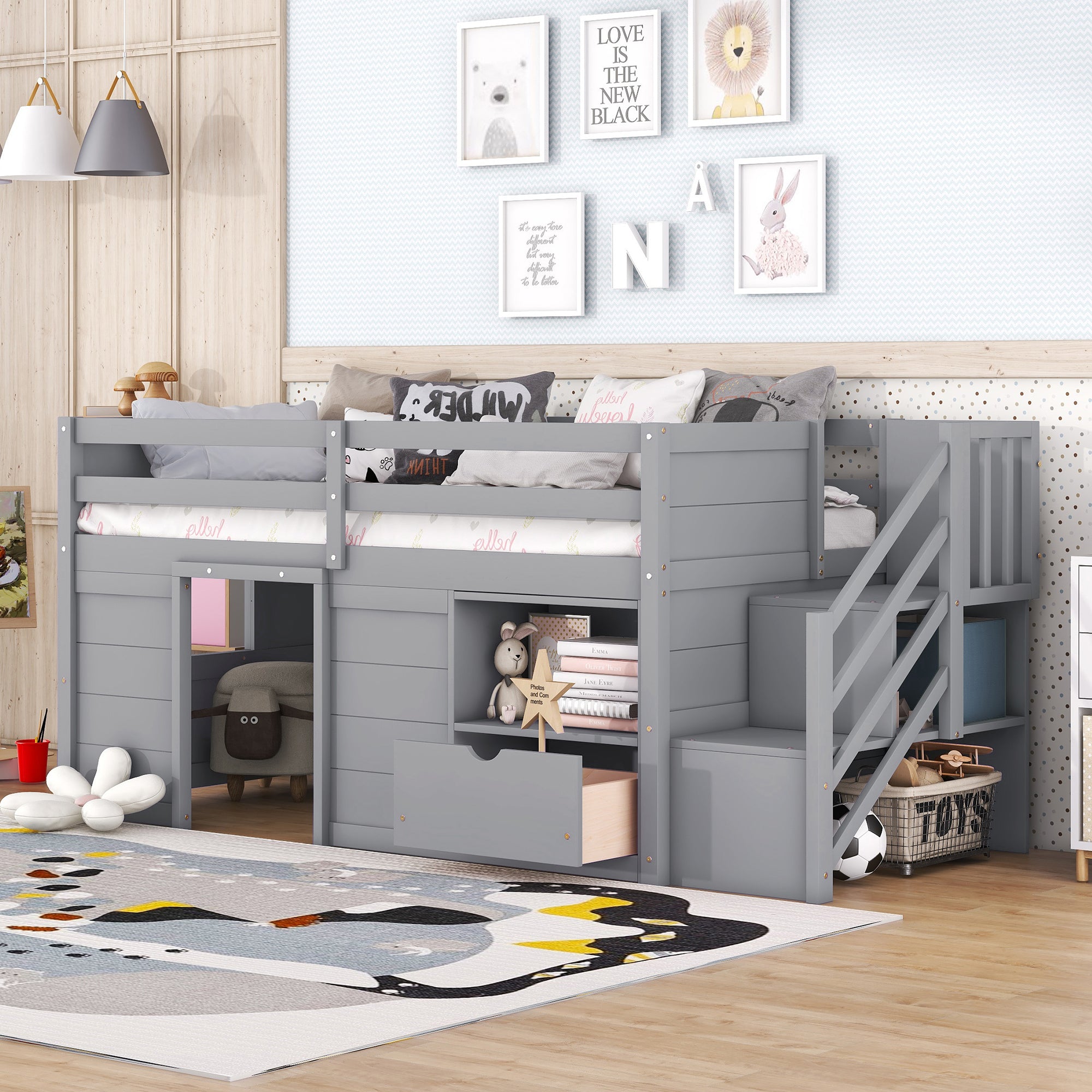 TWIN BED, SOLID WOOD TWIN SIZE LOW LOFT BED WITH STAIR, DRAWER, AND SHELF OF GREY COLOR