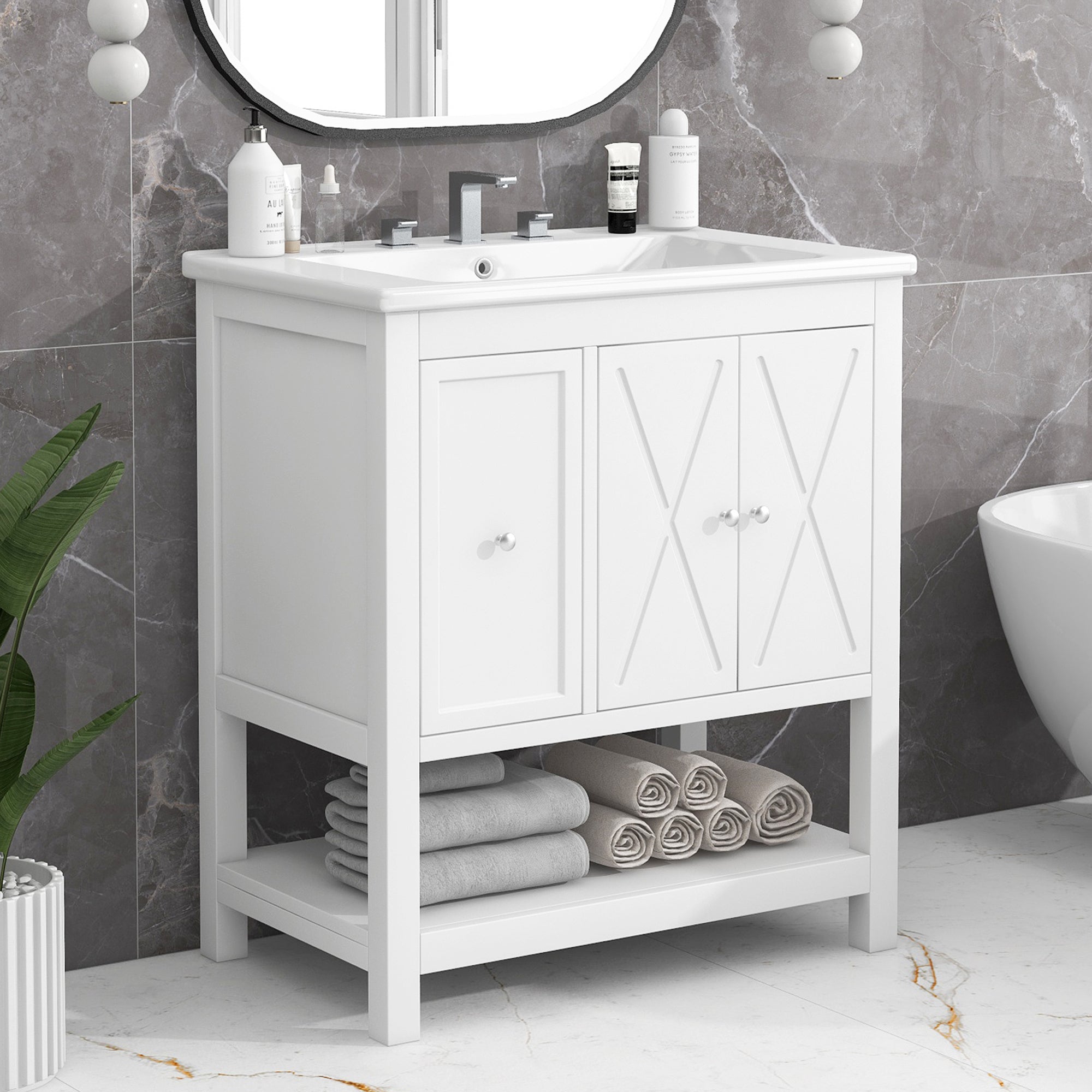 30" Bathroom Vanity with Sink Top, Bathroom Vanity Cabinet with Two Doors and One Drawer, MDF Boards, Solid Wood, One Package, White