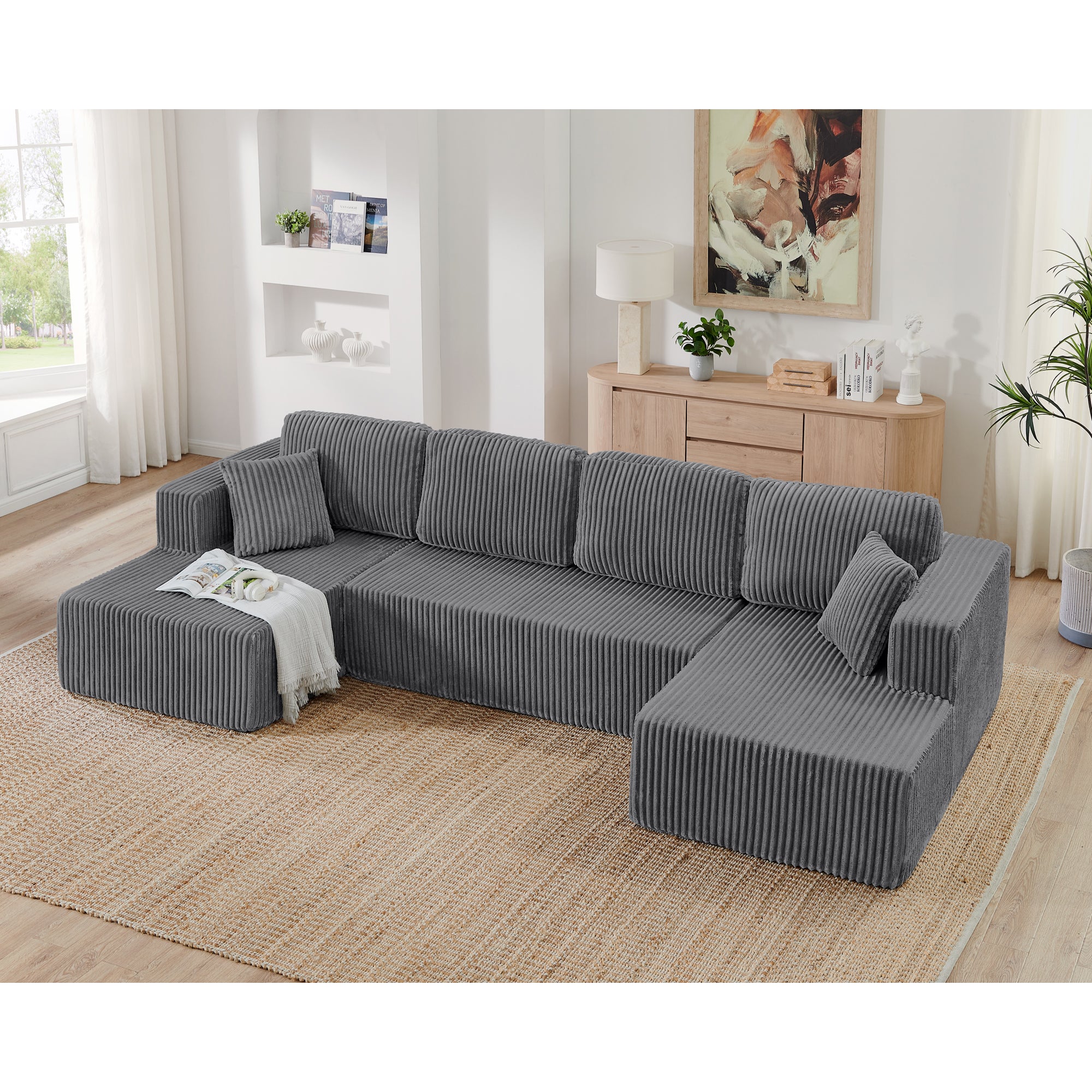 Grey corduroy U-shape sleeper sectional sofa, angled view