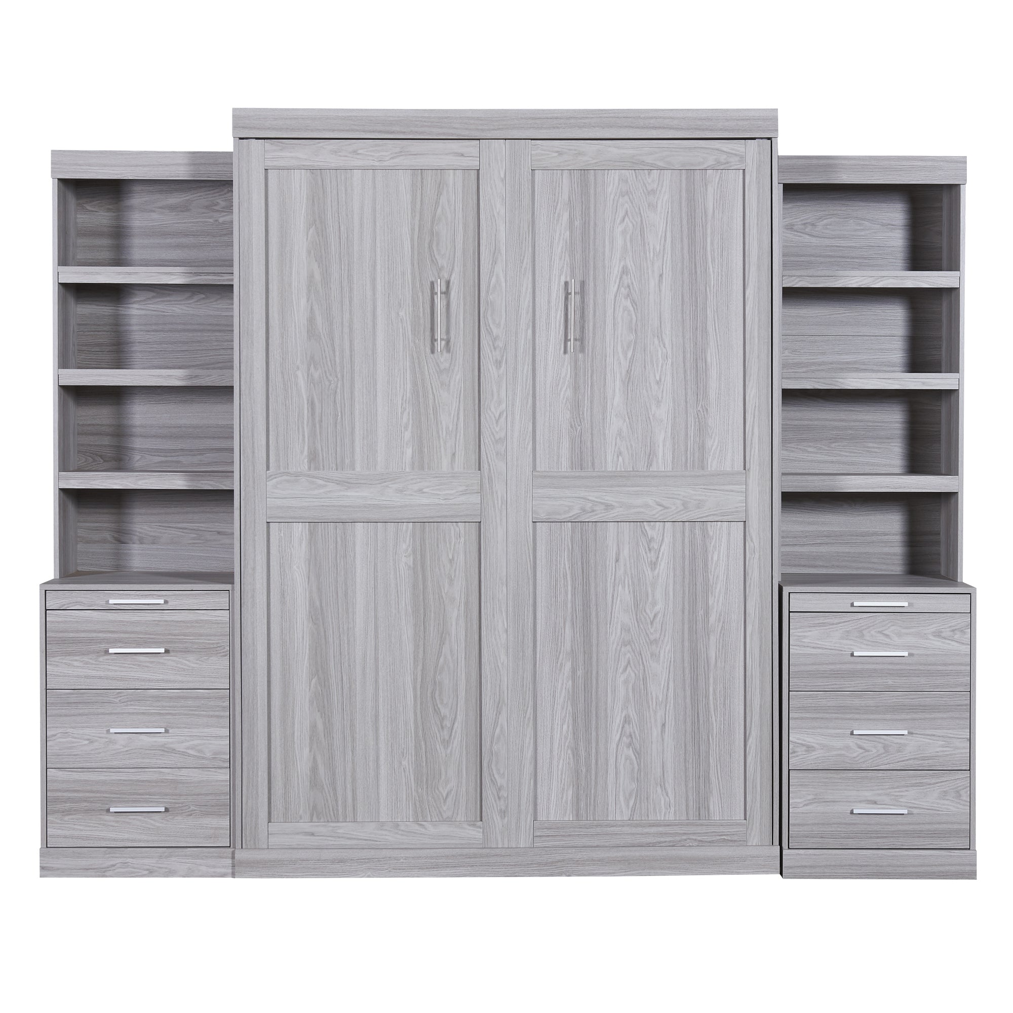 Full Size Murphy Bed with Storage Shelves and Drawers, Gray