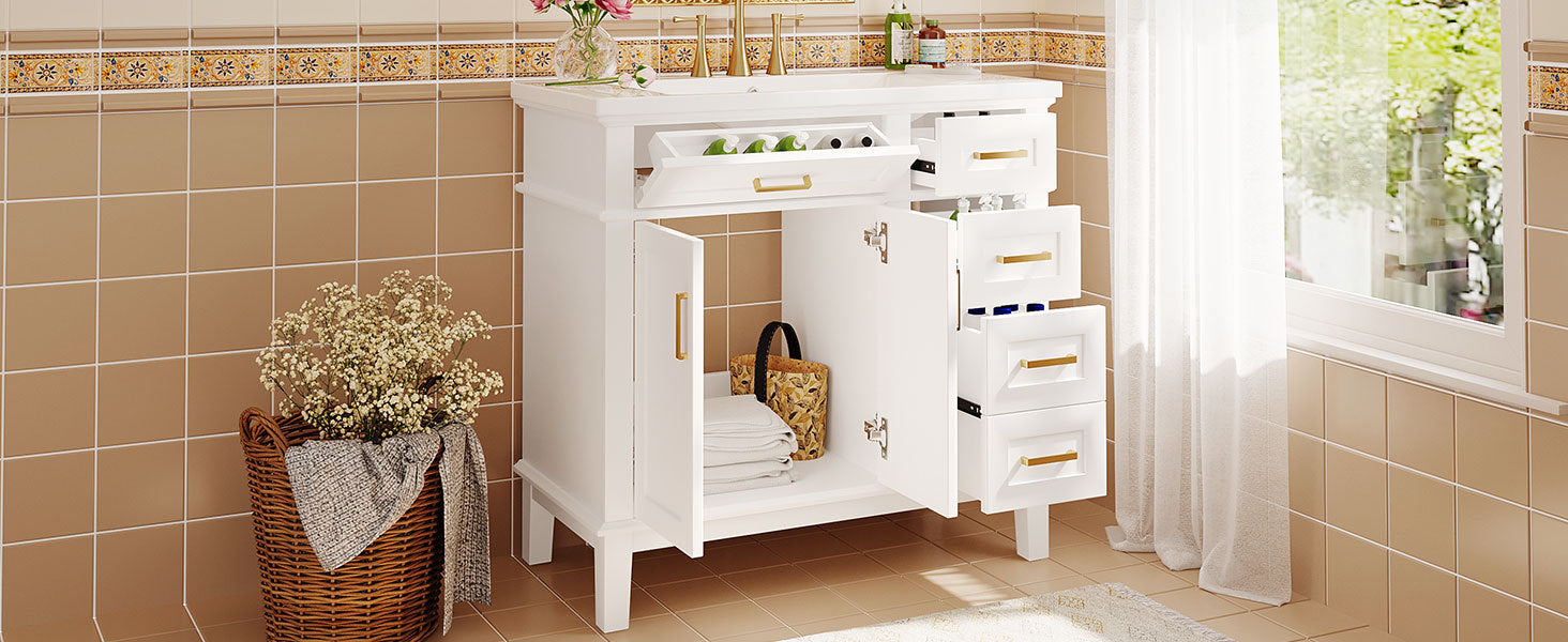 36-inch Bathroom Vanity with Resin Sink, Modern Bathroom Cabinet in White,Featuring Two Soft Close Doors and Four Drawers