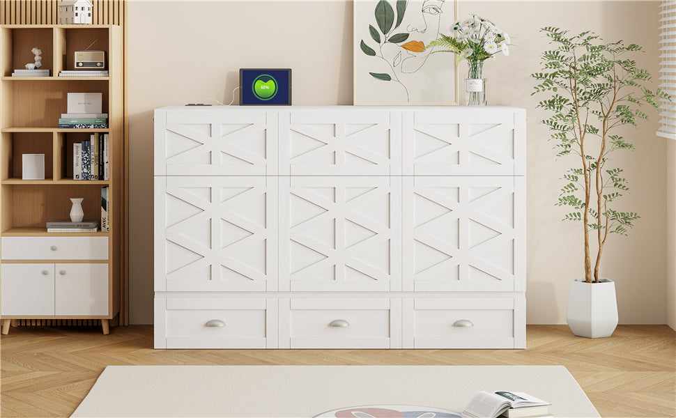 Queen Size Murphy Bed with Large Drawers,Brushed White