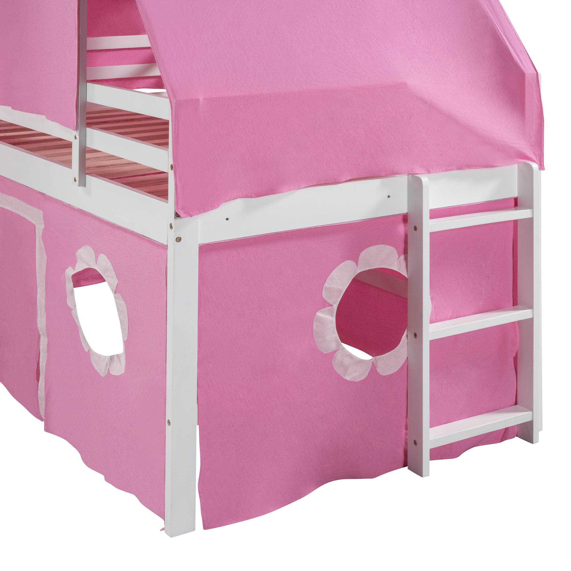 Twin Size Loft Bed with Slide Pink Tent and Tower - Pink