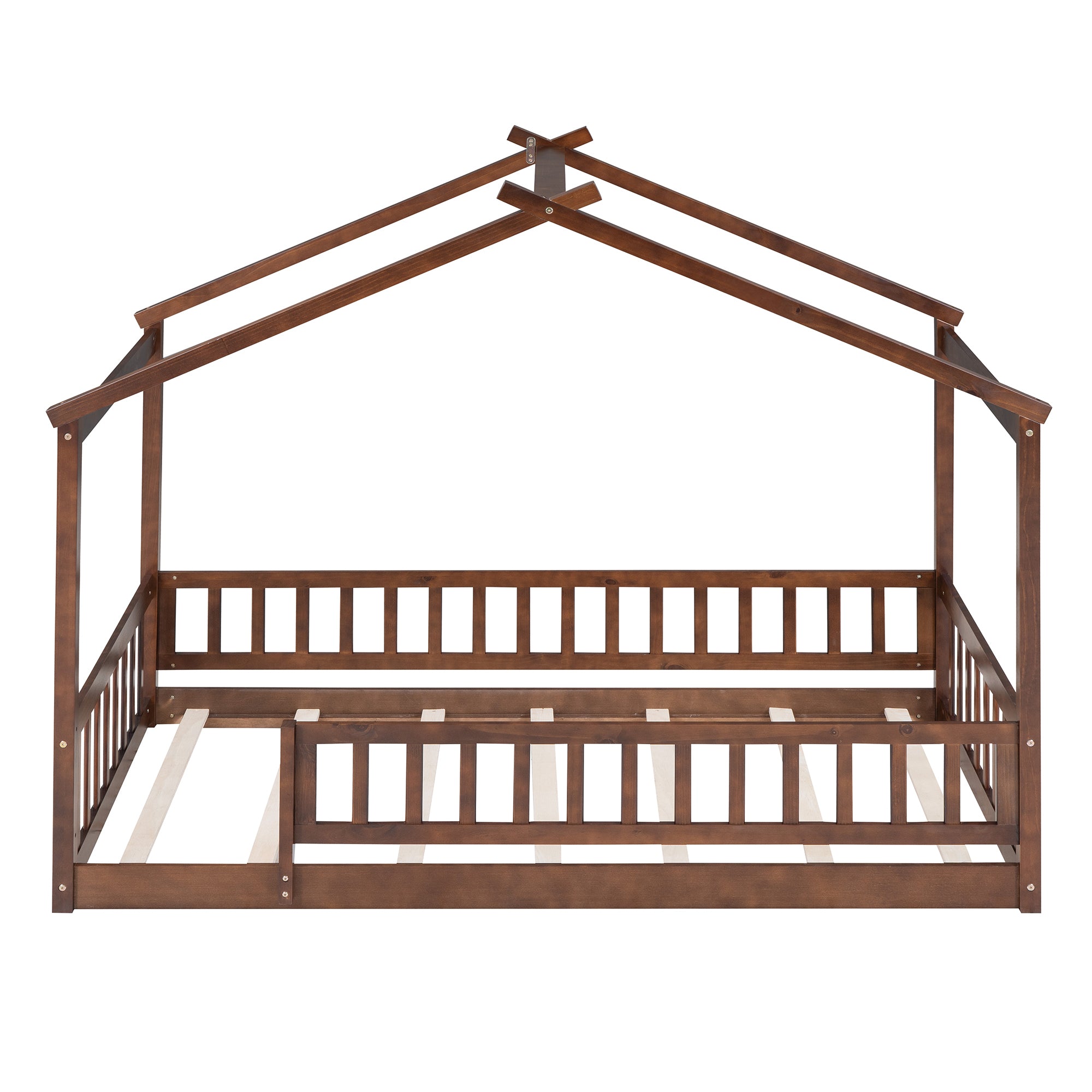 Twin Size Wood Bed House Bed Frame with Fence, for Kids, Teens, Girls, Boys, Walnut