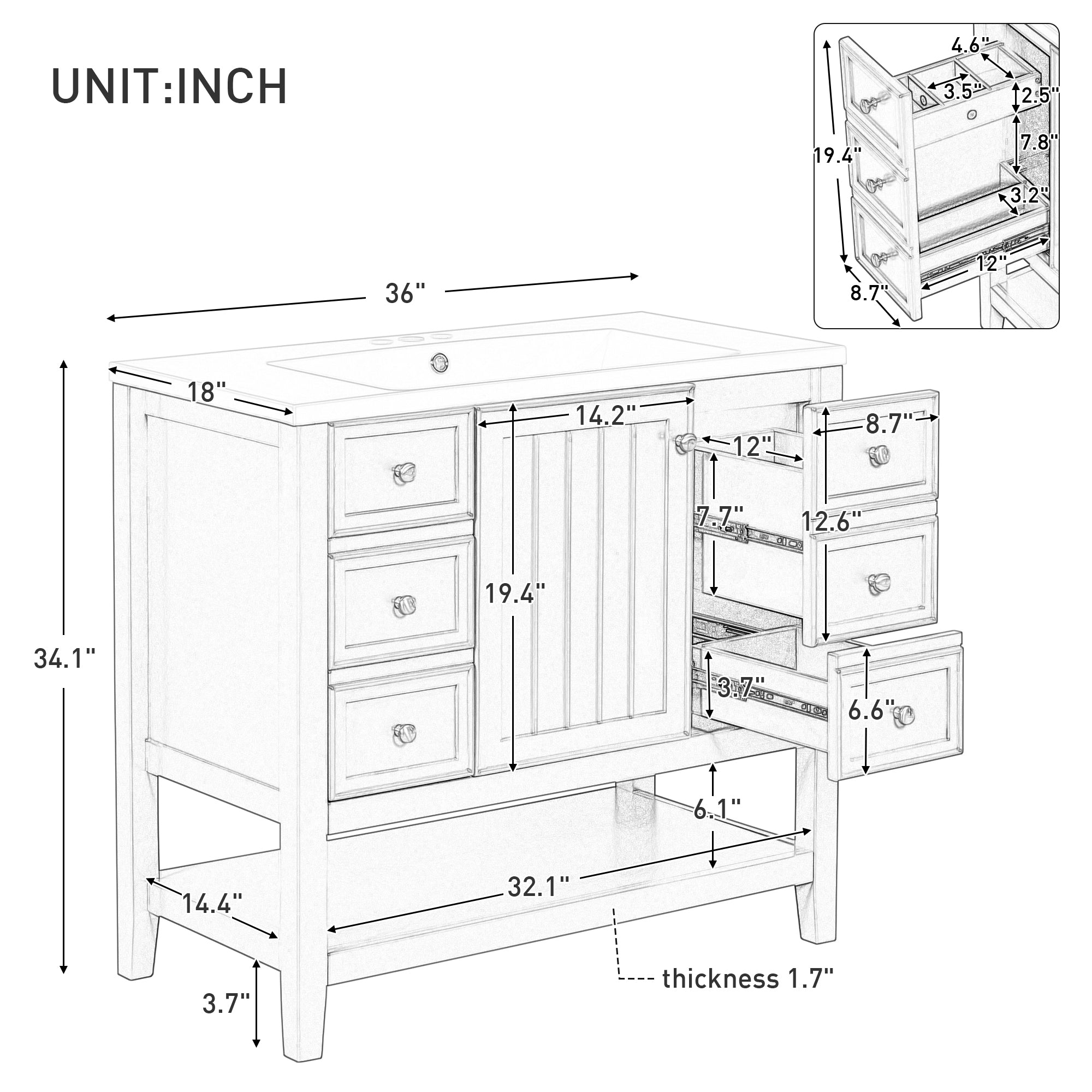 36" Bathroom Vanity with Sink Combo, One Cabinet and Three Drawers, Solid Wood and MDF Board, White