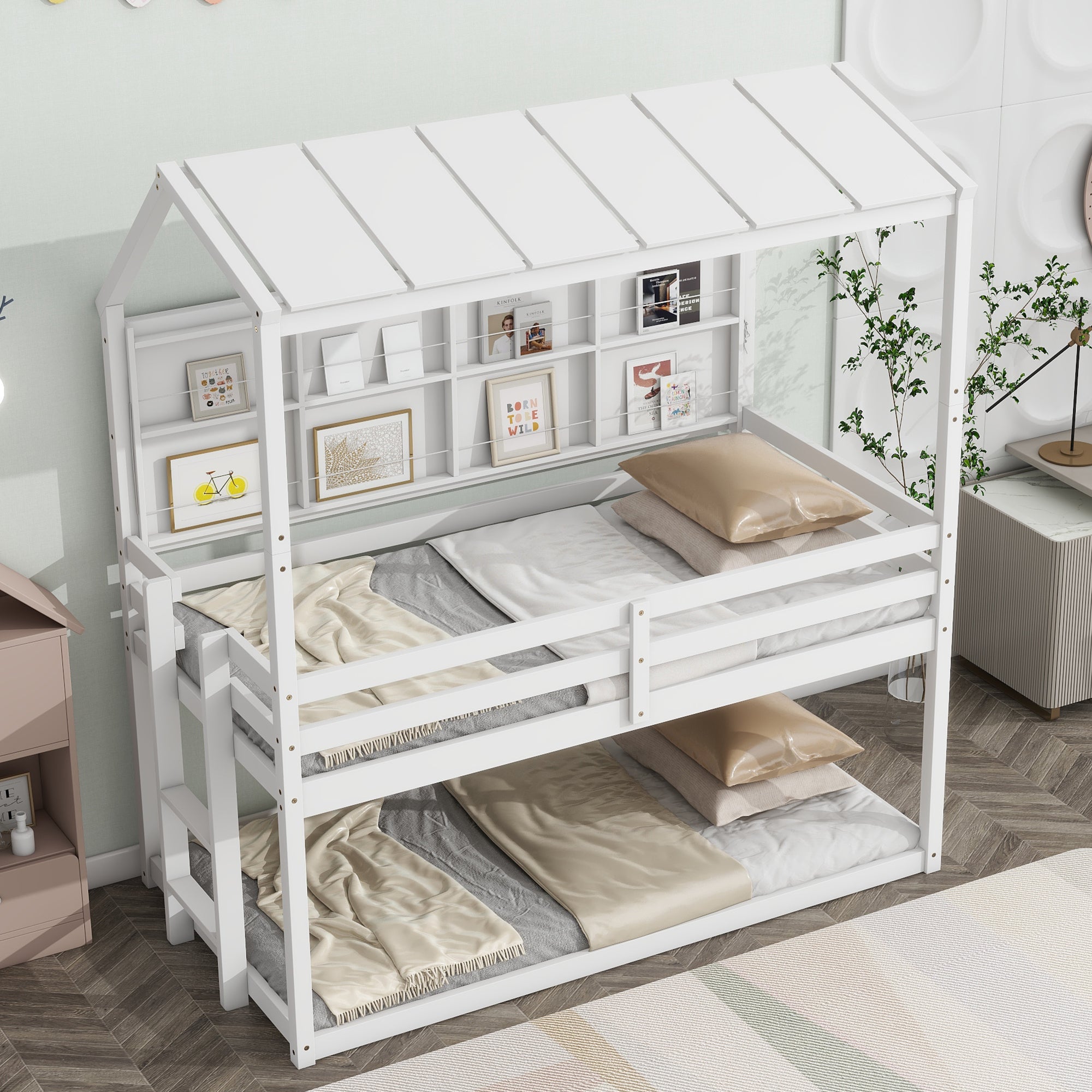 Twin Over Twin Low Bunk Bed with House Semi-enclosed Roof,Guardrails, Bedside Shelves and Ladder, White