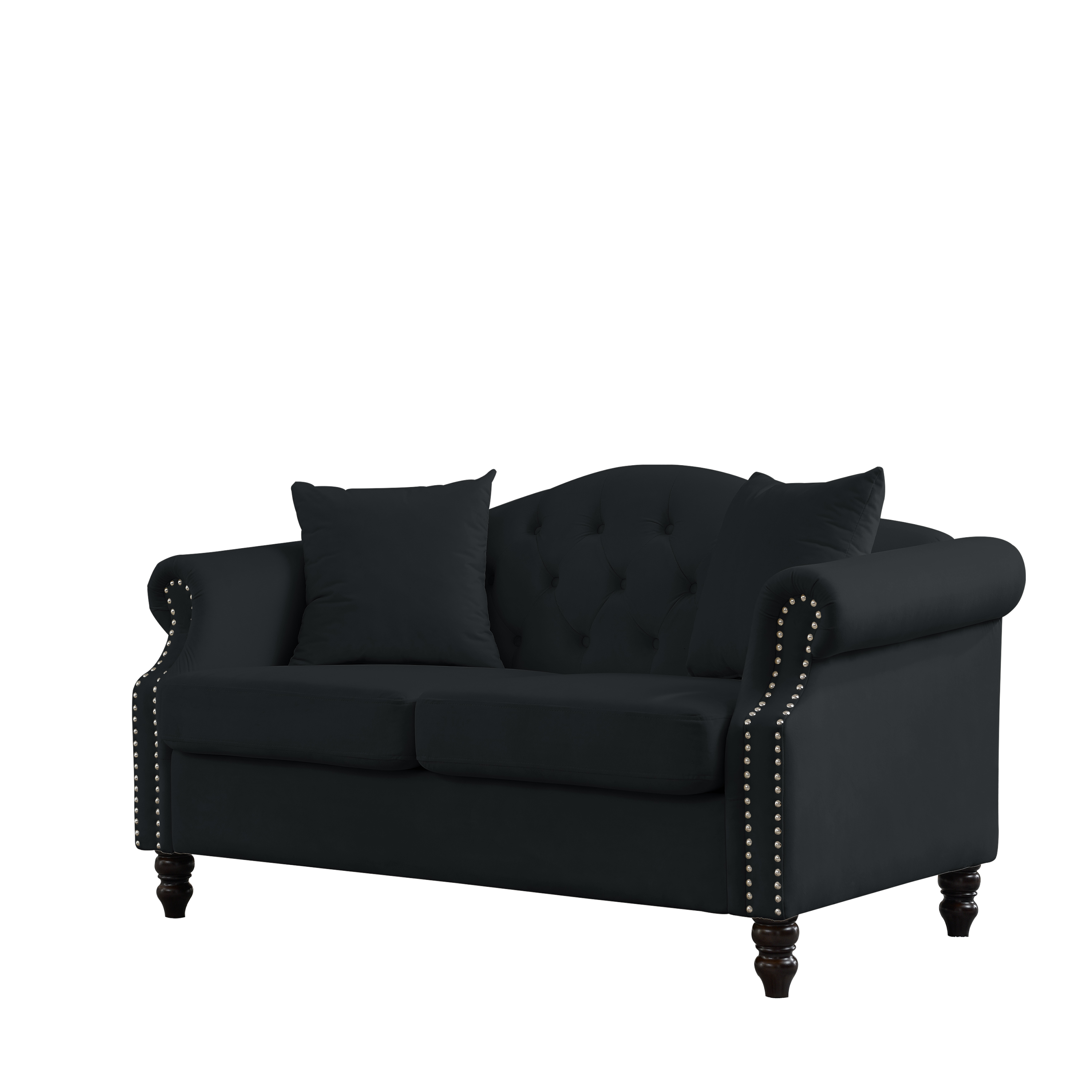 57" Chesterfield Sofa Black Velvet for Living Room, 2 Seater Sofa Tufted Couch with Rolled Arms and Nailhead for Living Room, Bedroom, Office, Apartment, two pillows