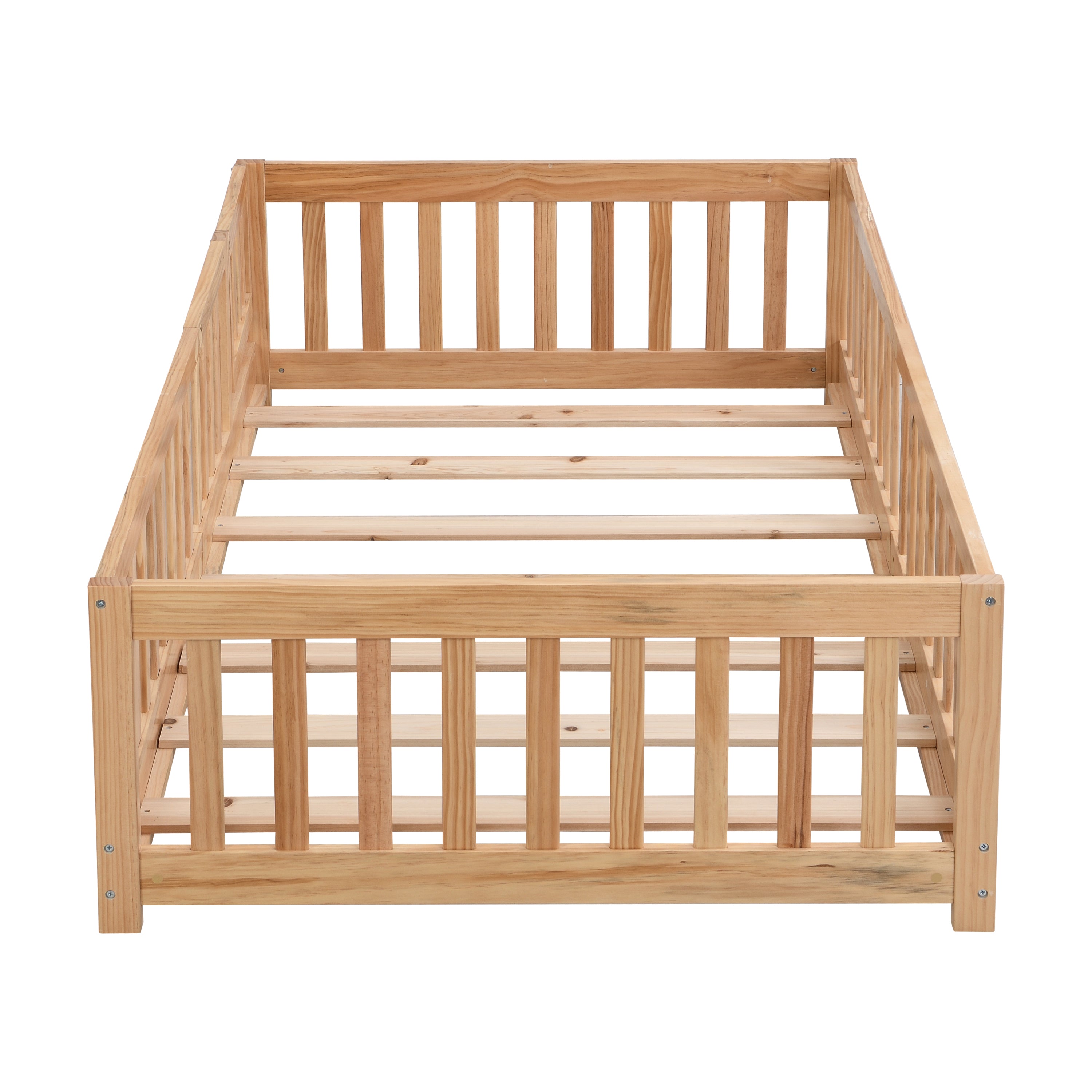 Twin Size Floor Bed with Door,Solid Wood Platform Bed Frame  with Fence,Suitable for children,Pine Wood,Natural