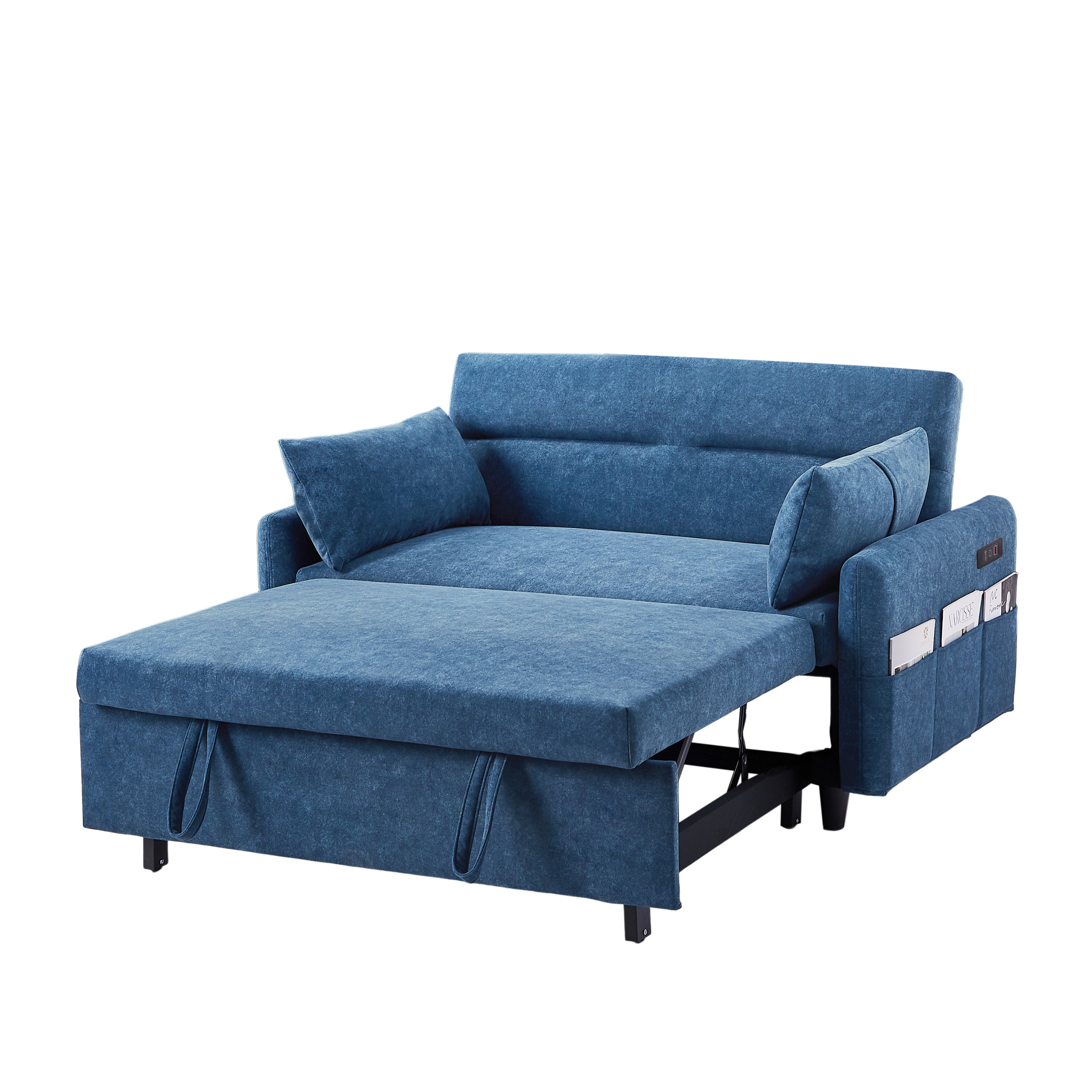 55.1" Pull Out Sleep Sofa Bed Loveseats Sofa Couch with Adjsutable Backrest, Storage Pockets, 2 Soft Pillows, USB Ports for Living Room, Bedroom, Apartment, Office, Blue (Old SKU WF307821AAC)