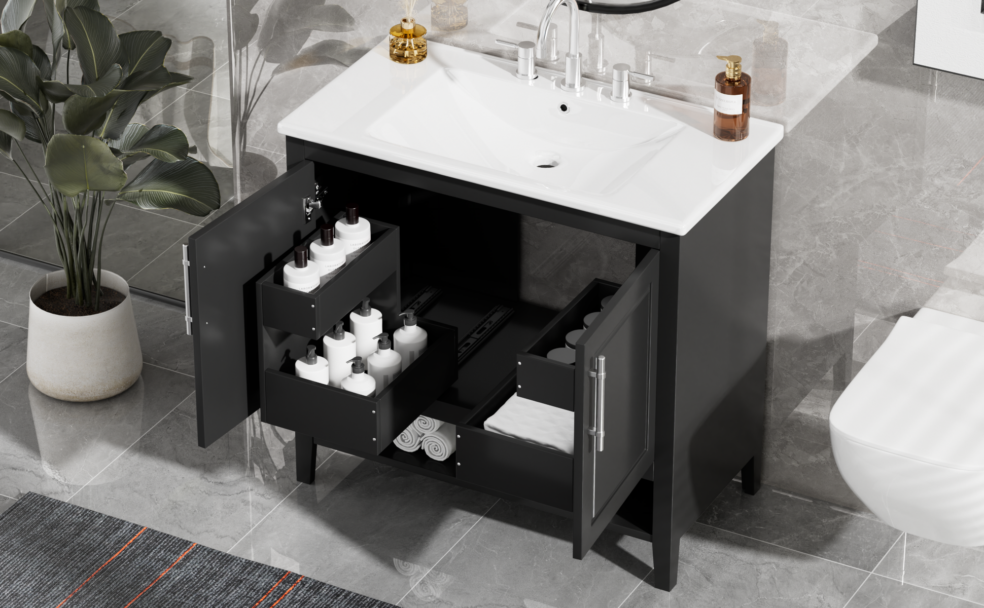 36" Bathroom Vanity with Sink, Multi-functional Bathroom Cabinet with Doors and Drawers, MDF Frame and MDF Board, Black