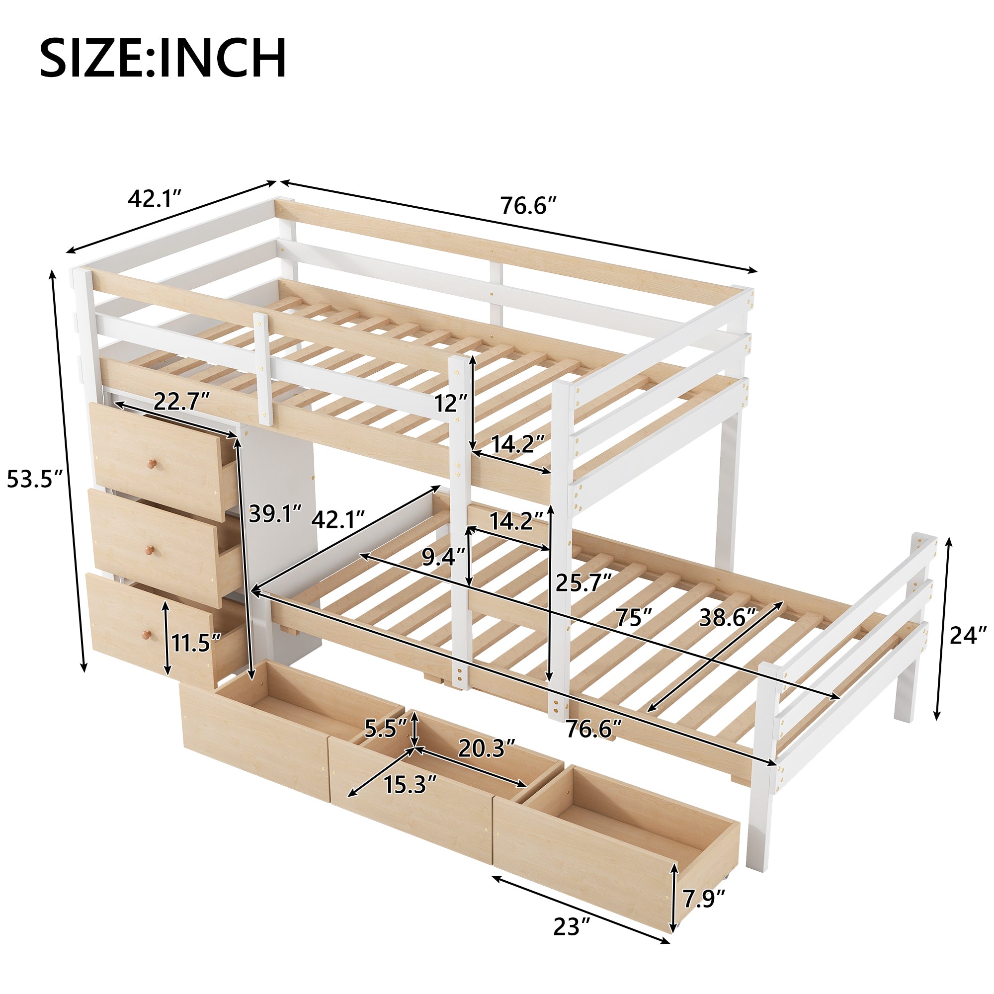 Twin over Twin Loft Bunk Bed with Drawers and Ladder, Natural