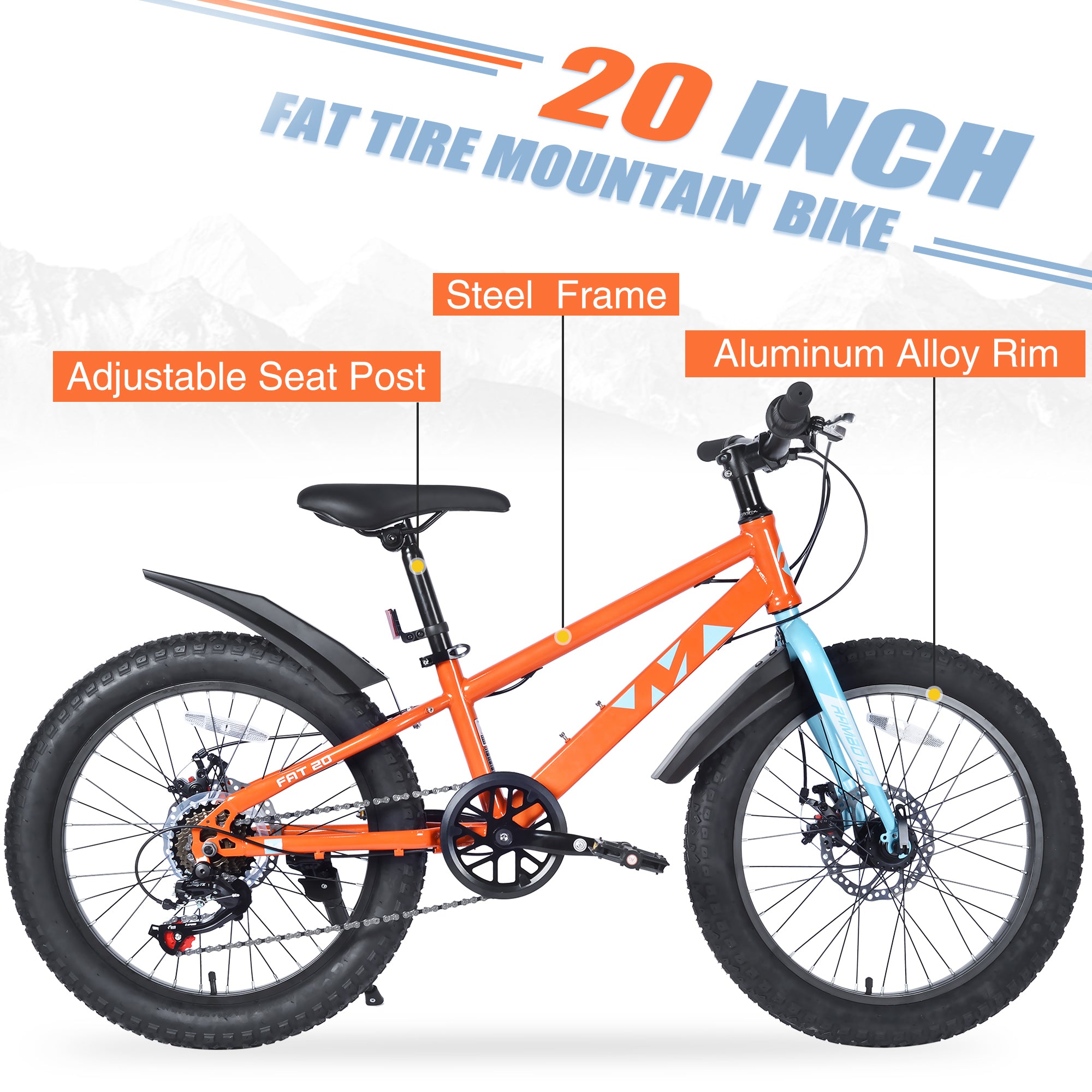 20 Inch Kids  Bicycles  ,  Fat Tire Mountain Bike for Boys and Girls Age 5 + Years ,Dual-Disc Brake,Shimano 7-Speed ,Kids Beach and Snow Bicycle