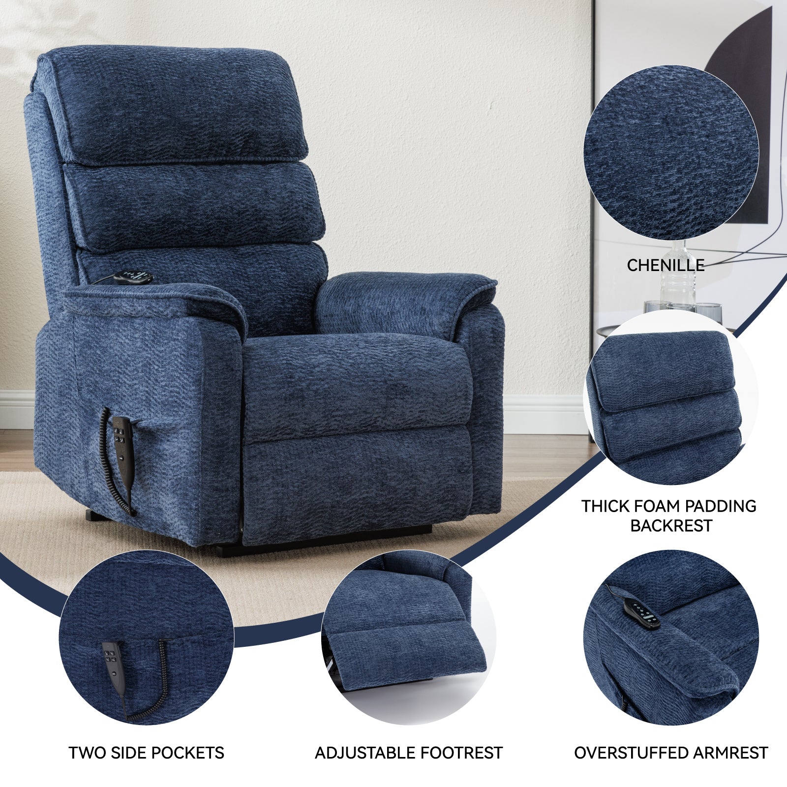 Blue Chenille Dual Motor Infinite Position Up to 350 LBS Power Lift Recliner Chair with Power-Remote, Heat Massage and Heavy Duty Motion Mechanism