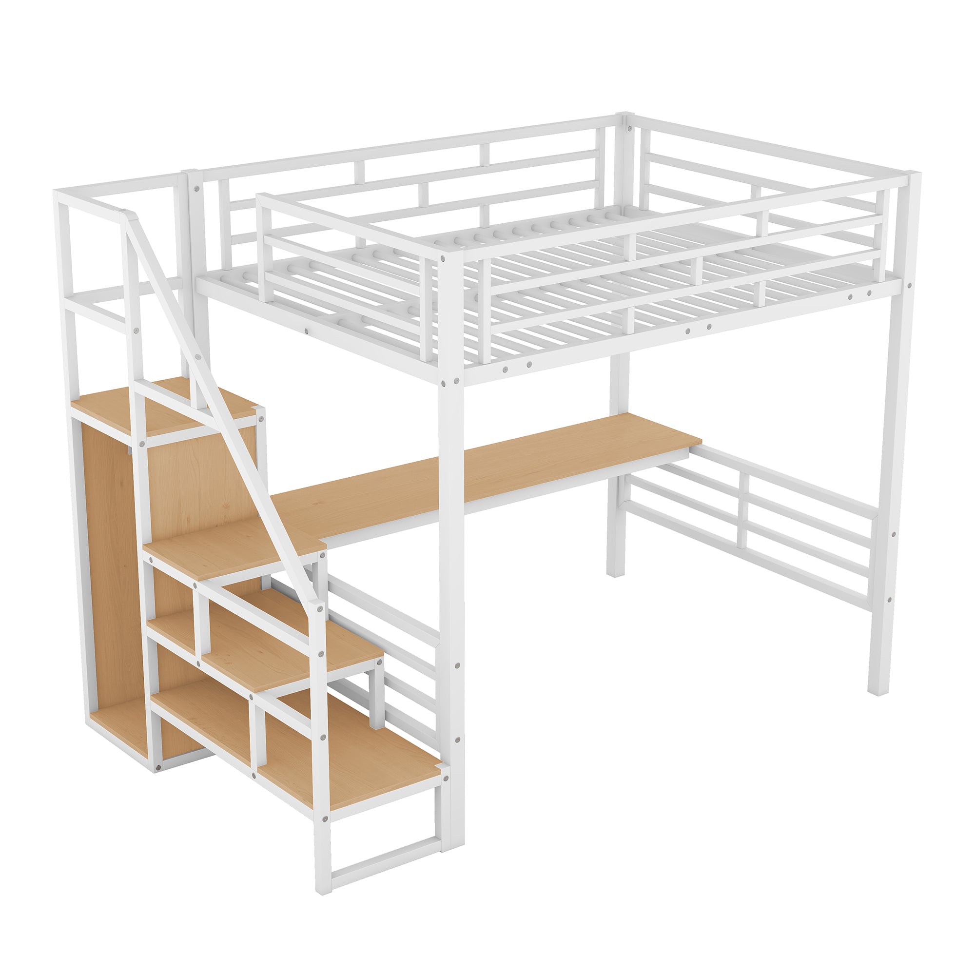 Full Size Metal Loft Bed with Desk, Storage Staircase and Small Wardrobe, Storage stairs can be installed left and right, White