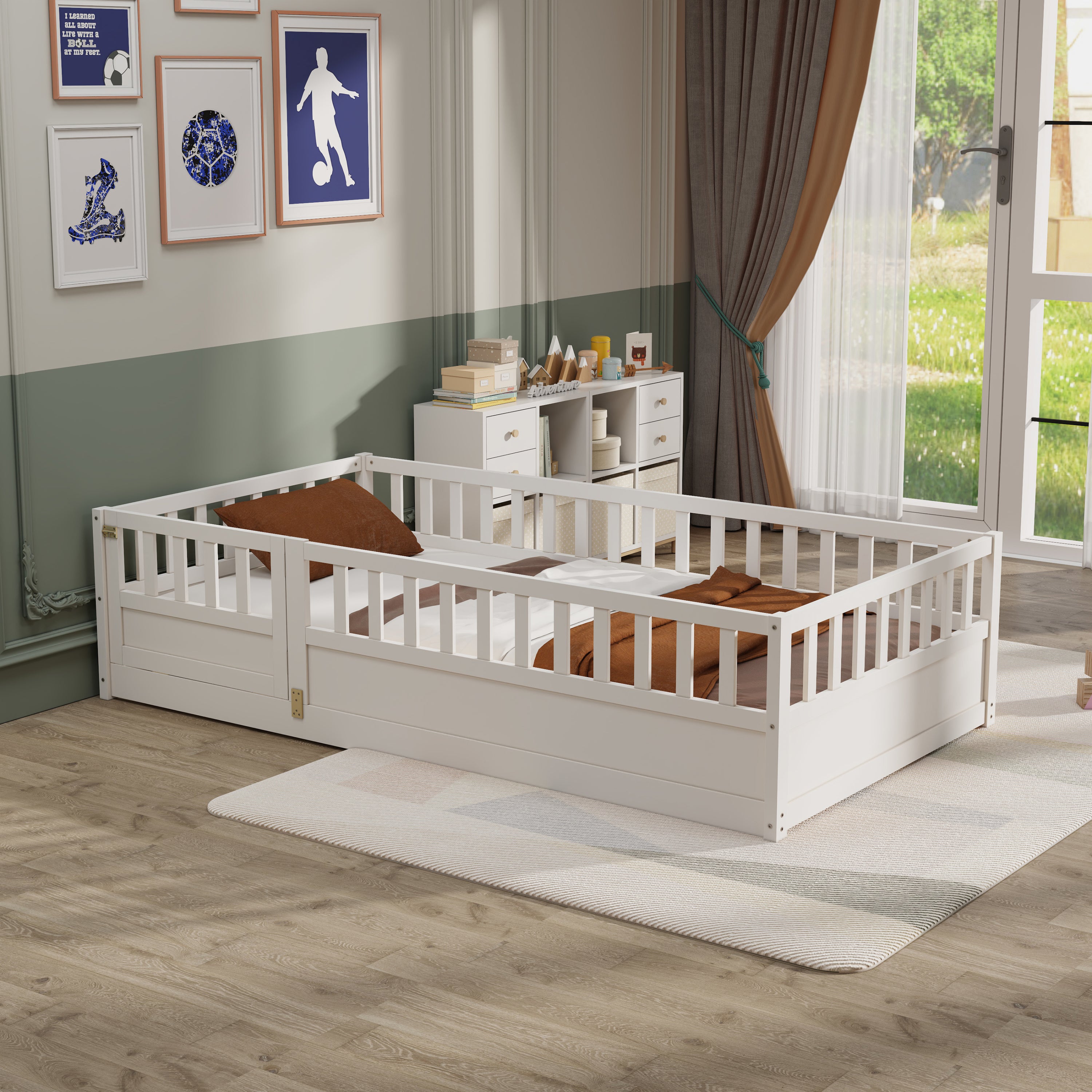 Twin Size Floor bed, integral construction with super high security barrier, door, children's floor bed frame, Montessori wooden children's floor bed, white