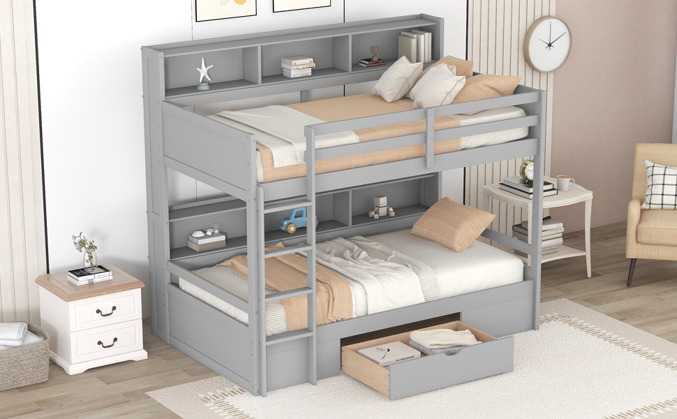 Twin Size Bunk Bed with Built-in Shelves Beside both Upper and Down Bed and Storage Drawer,Gray