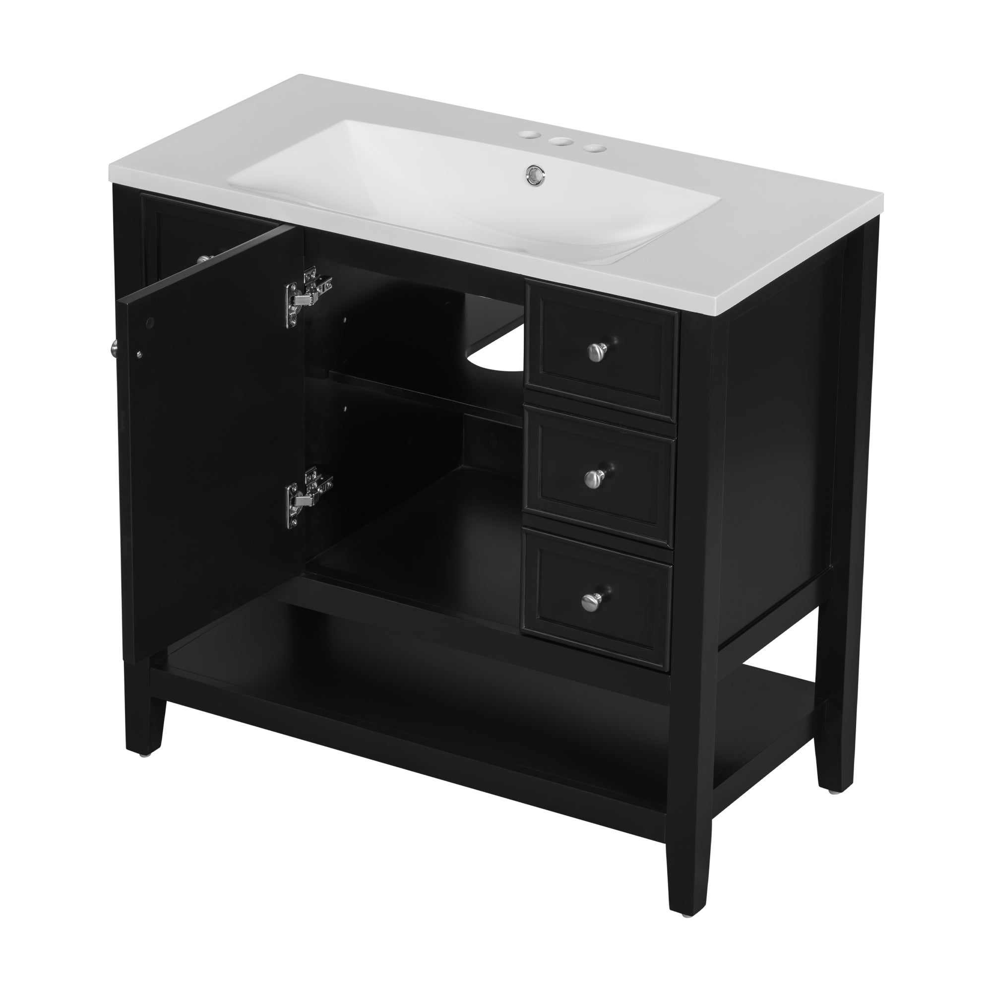 36" Bathroom Vanity with Sink Combo, One Cabinet and Three Drawers, Solid Wood and MDF Board, Black (Old Sku:SY999505AAB)