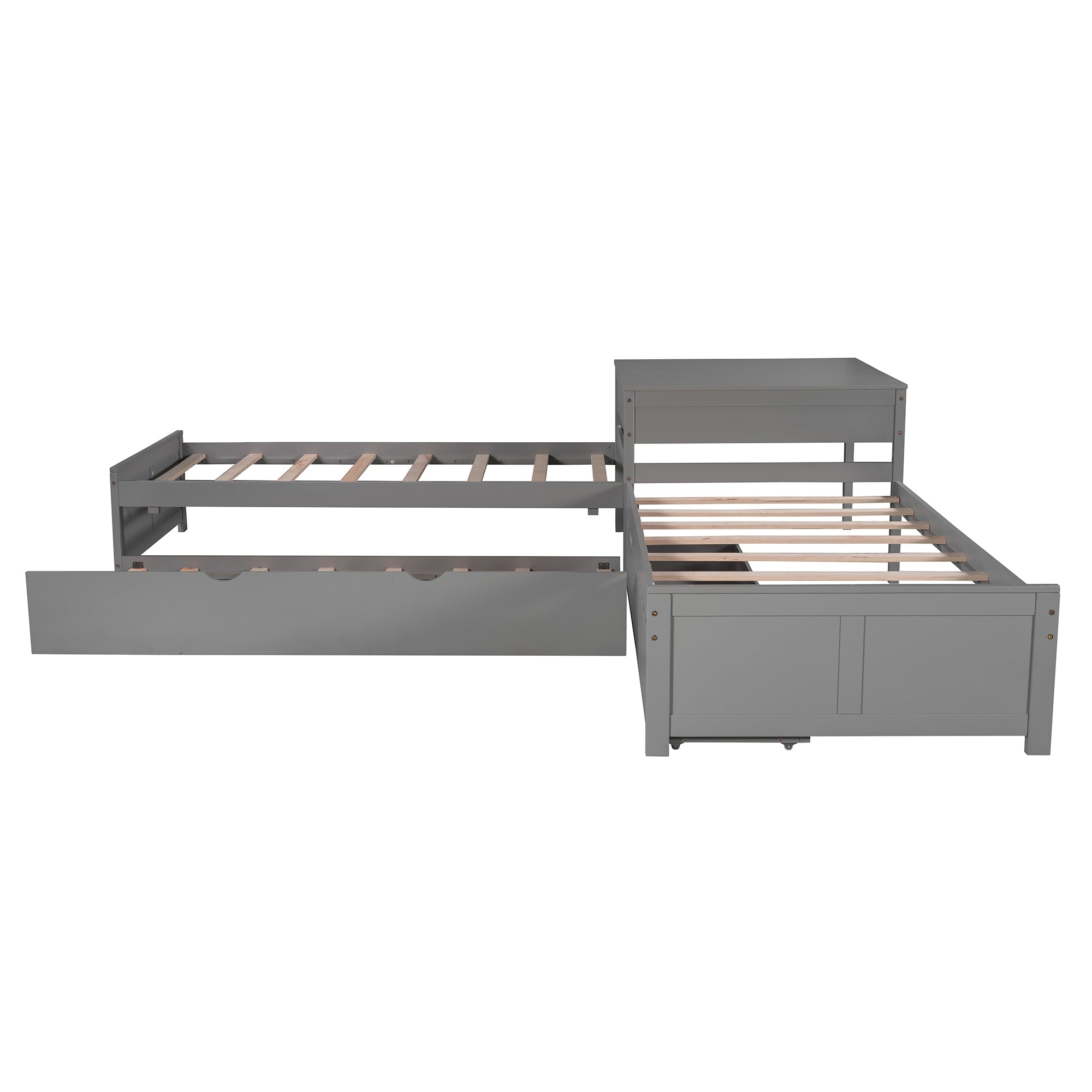 L-shaped Platform Bed with Trundle and Drawers Linked with built-in Desk,Twin,Gray(Old SKU:SM000916AAE-1)