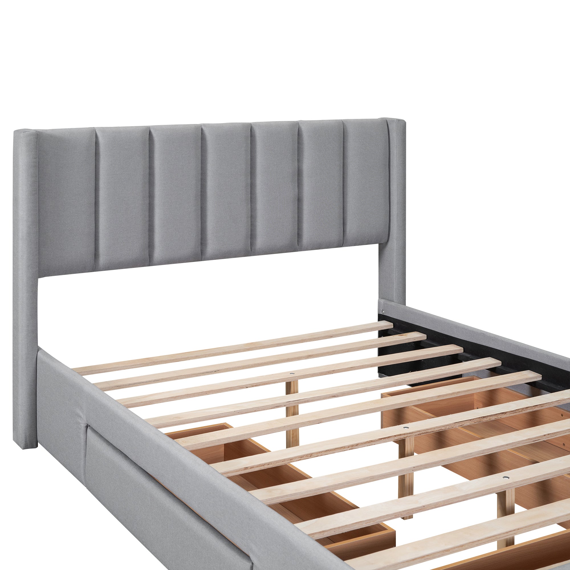 Queen Size Upholstered Platform Bed with One Large Drawer in the Footboard and Drawer on Each Side,Gray