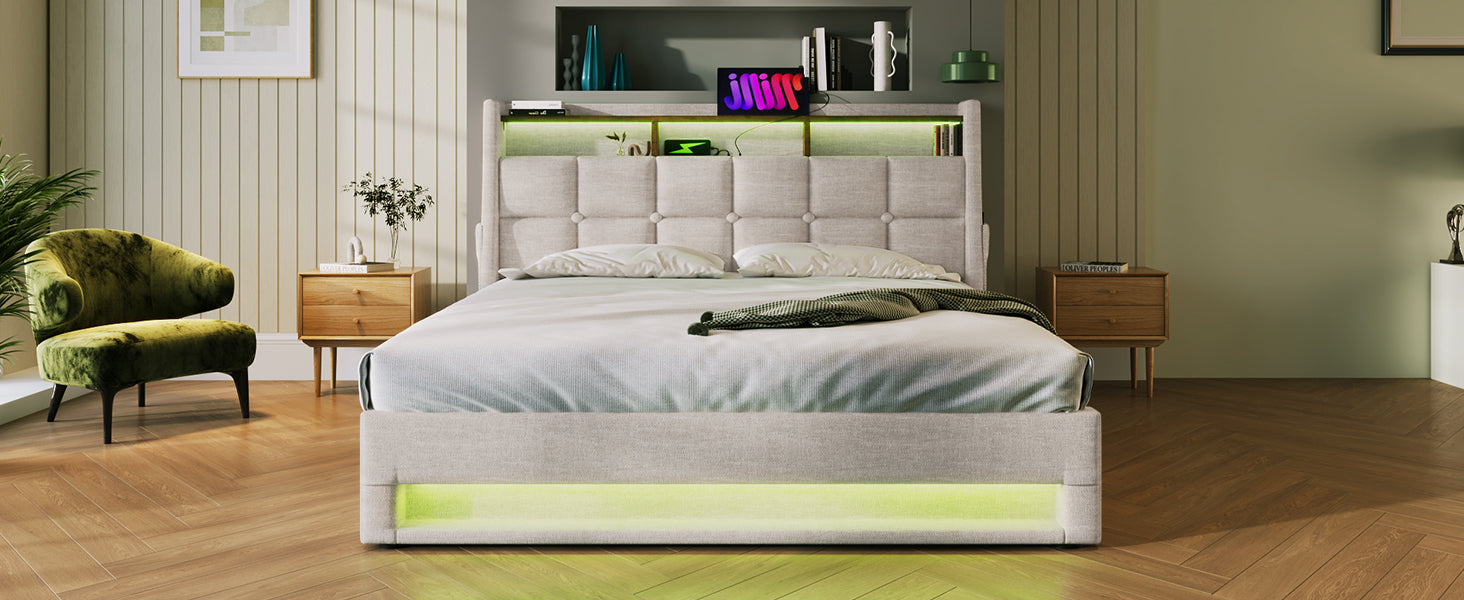 Queen size Upholstered Platform bed with a Hydraulic Storage System, LED and USB Charging, Natural (without mattress)