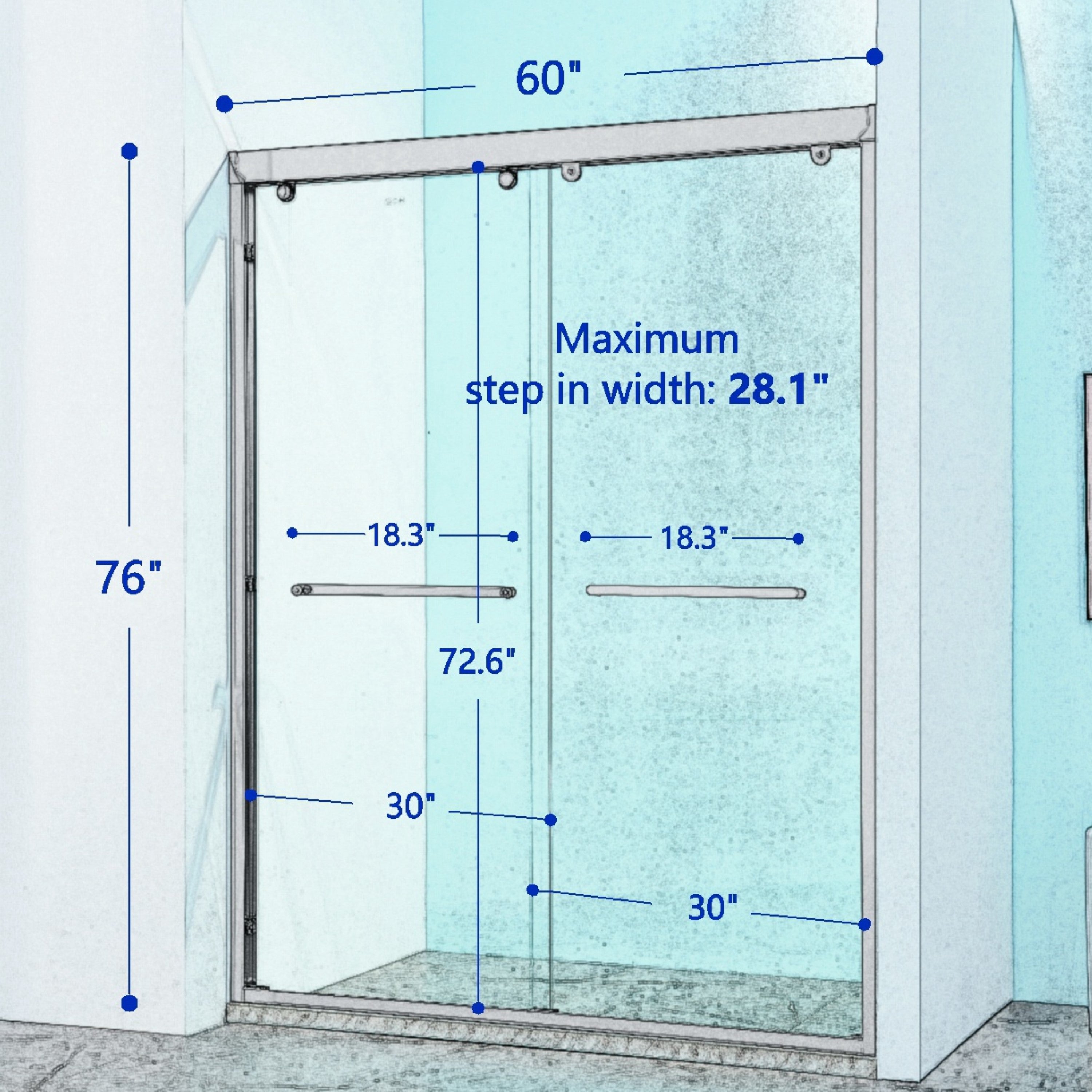 56-60"W x 76"H Double Sliding Shower Door, Aluminium Alloy Frame in Chrome, 5/16" (8mm) Thick SGCC Tempered Clear Glass.