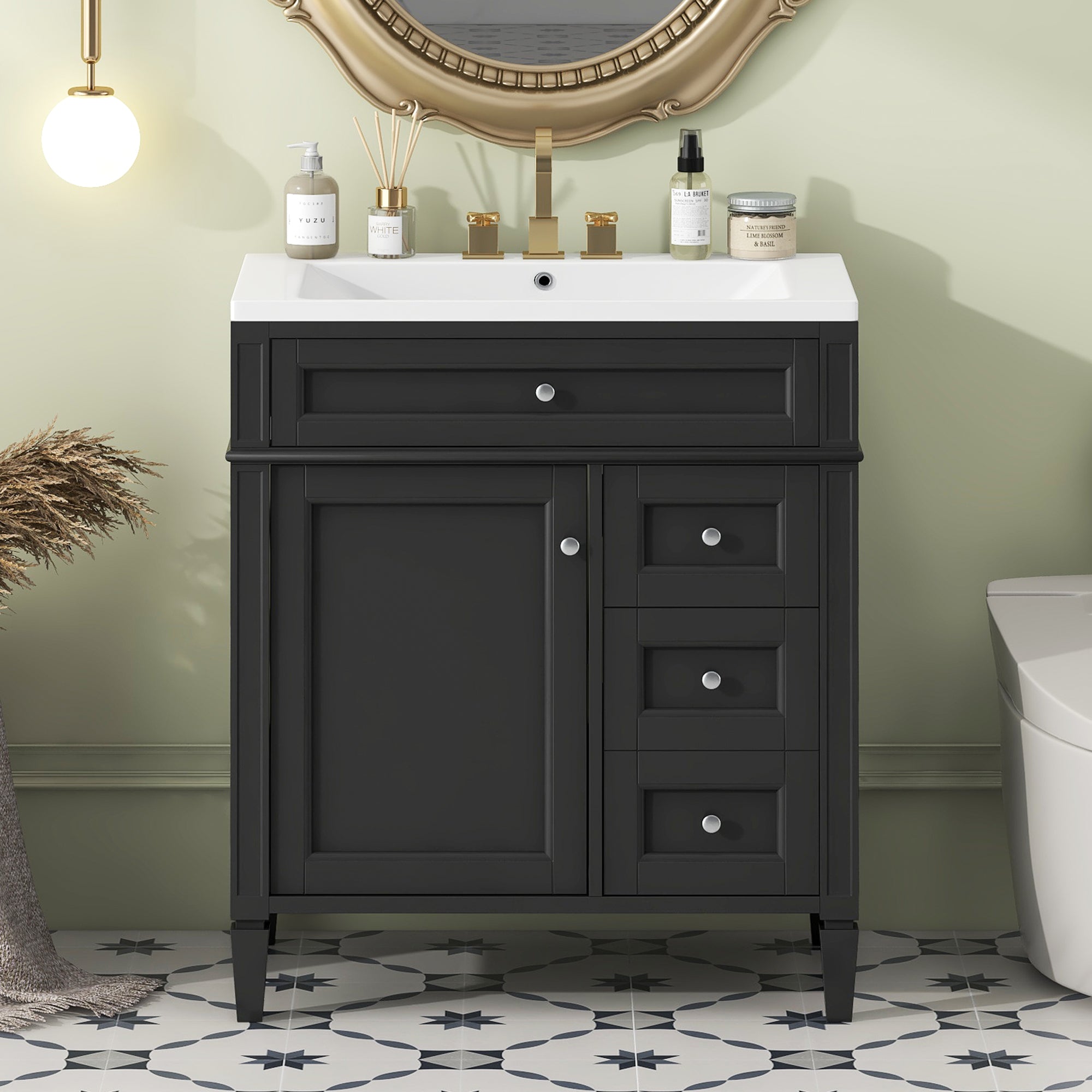 30'' Bathroom Vanity with Top Sink, Modern Bathroom Storage Cabinet with 2 Drawers and a Tip-out Drawer, Single Sink Bathroom Vanity