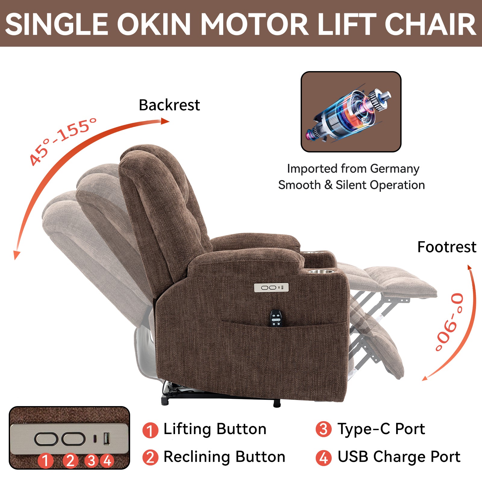 EMON'S Large Power Lift Recliner Chair with Massage and Heat for Elderly, Overstuffed Wide Recliners, Heavy Duty Motion Mechanism with USB and Type C Ports, 2 Steel Cup Holders, Brown