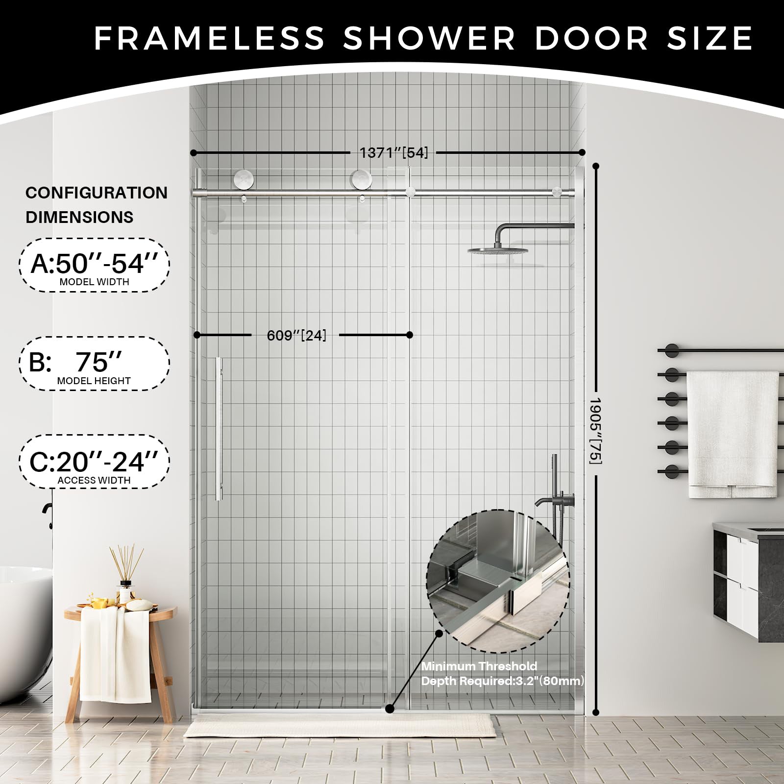 50-54 x 75 in Soft-Close Frameless Sliding Shower Door - 50-54 x 75 in / Brushed Nickel / Sliding view 7