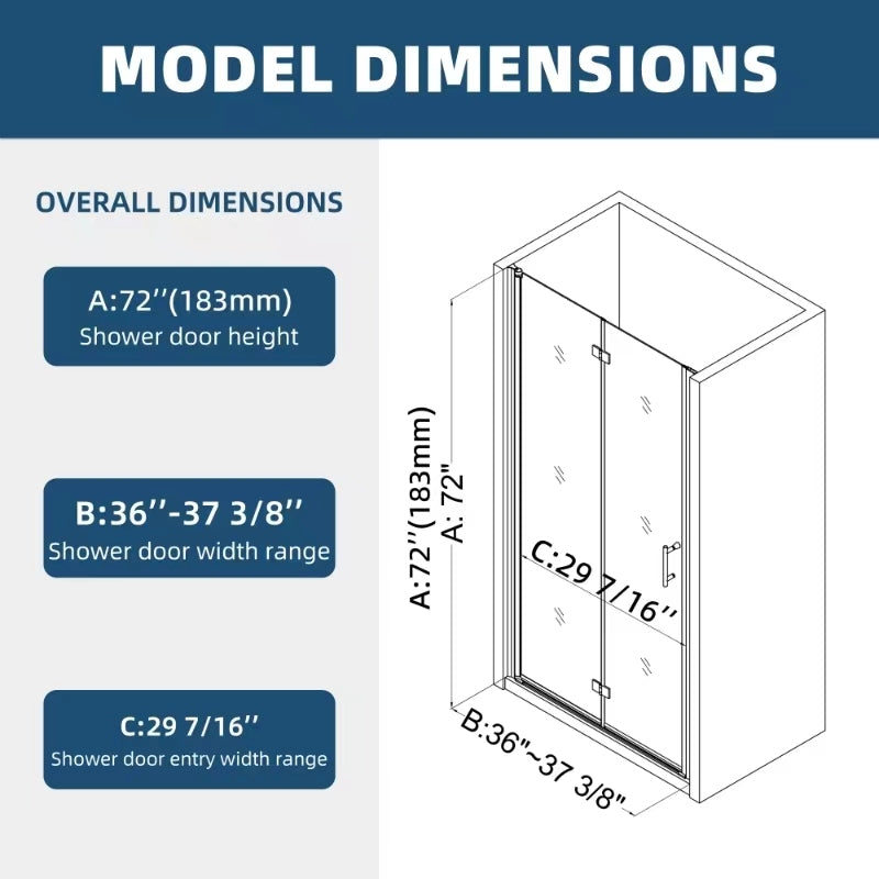 (32"W x 72"H)1 3/8", (34"W x 72"H)1 3/8", (36"W x 72"H)1 3/8" Universal pivot shower door, with 1/4" tempered glass