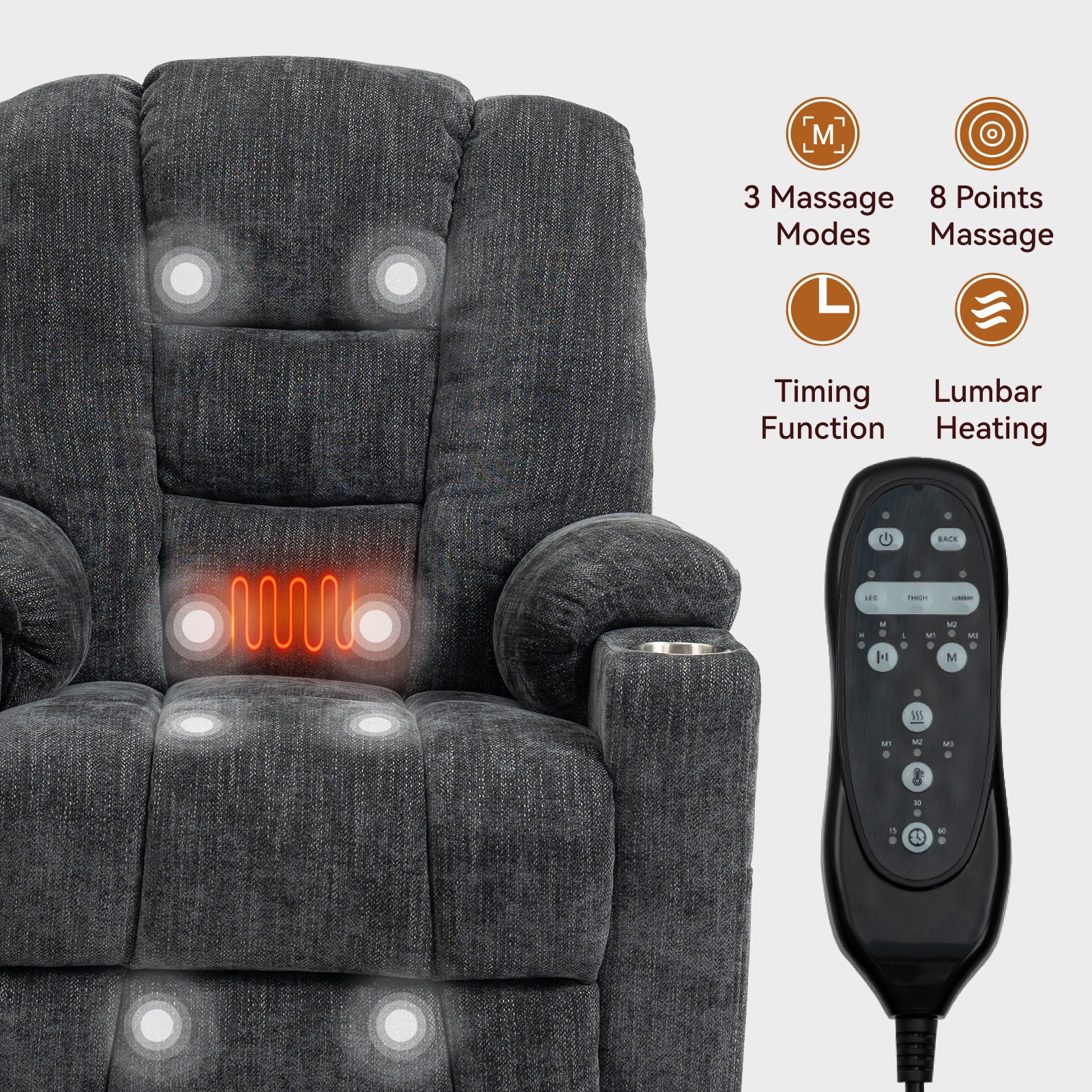 EMON'S Large Power Lift Recliner Chair with Massage and Heat for Elderly, Overstuffed Wide Recliners, Heavy Duty Motion Mechanism with USB and Type C Ports, 2 Steel Cup Holders, Gray