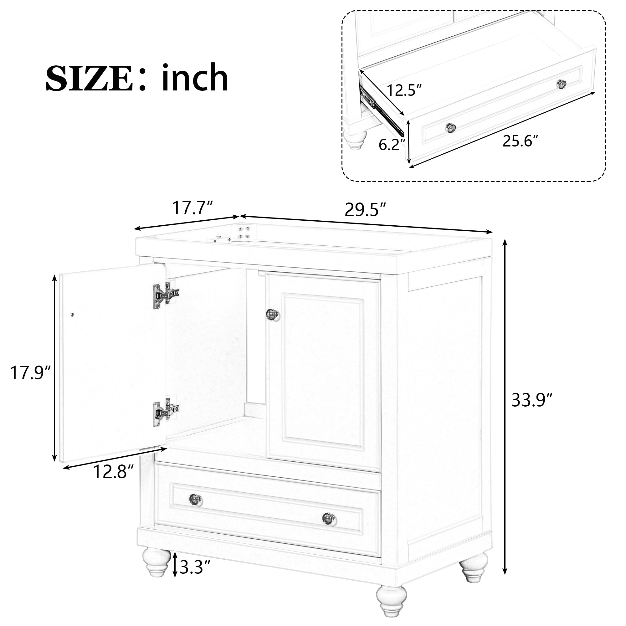 30" Bathroom Vanity without Sink, Base Only, Cabinet with Doors and Drawer, Solid Frame and MDF Board, White