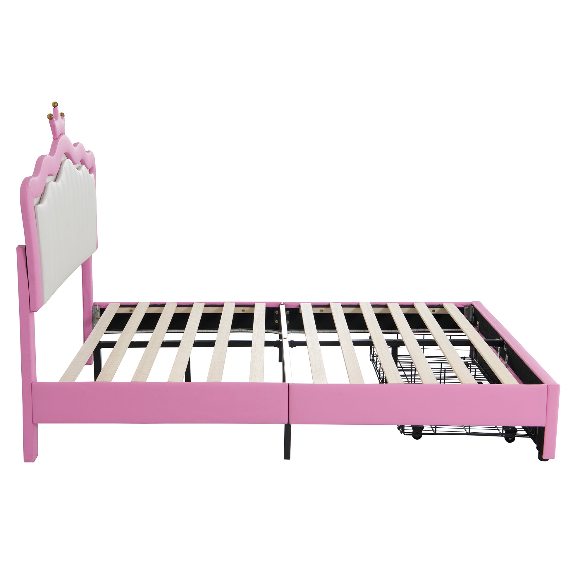 Full Size Upholstered Bed Frame with LED Lights, Modern Upholstered Princess Bed with Crown Headboard, 2 Drawers, Pink+White