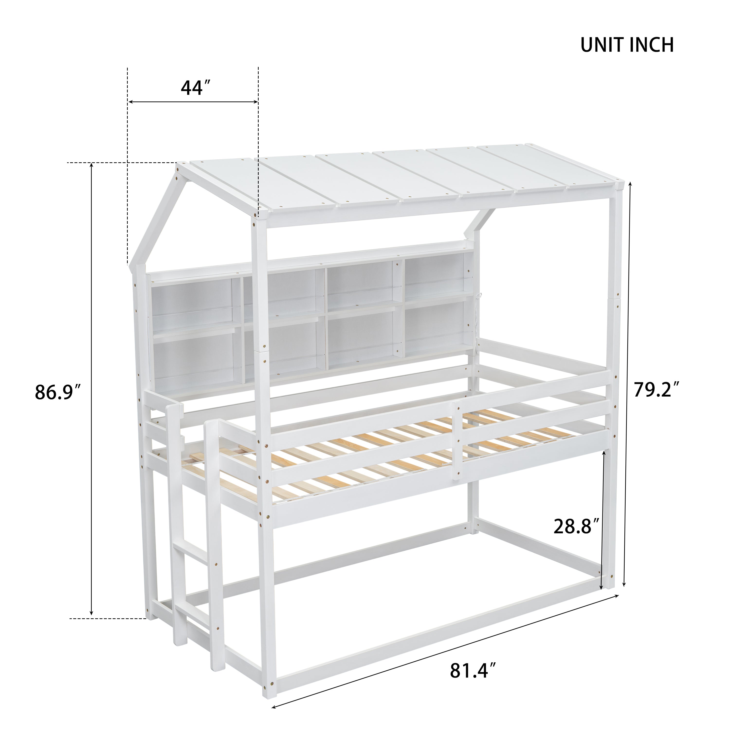 Twin Over Twin Low Bunk Bed with House Semi-enclosed Roof,Guardrails, Bedside Shelves and Ladder, White