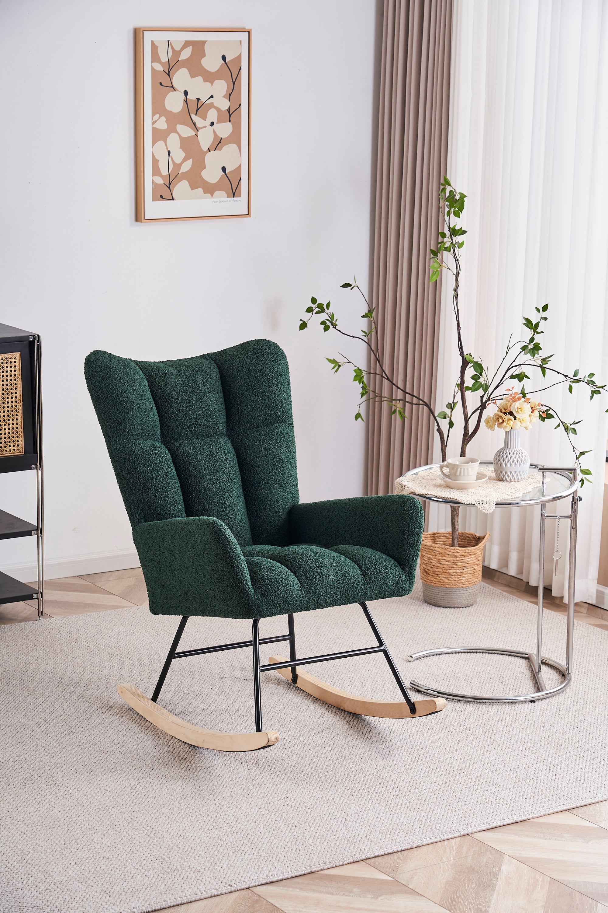 Rocking Chair Nursery, Solid Wood Legs Reading Chair with Teddy Fabric Upholstered , Nap Armchair for Living Rooms, Bedrooms, Offices, Best Gift,Emerald Teddy fabric