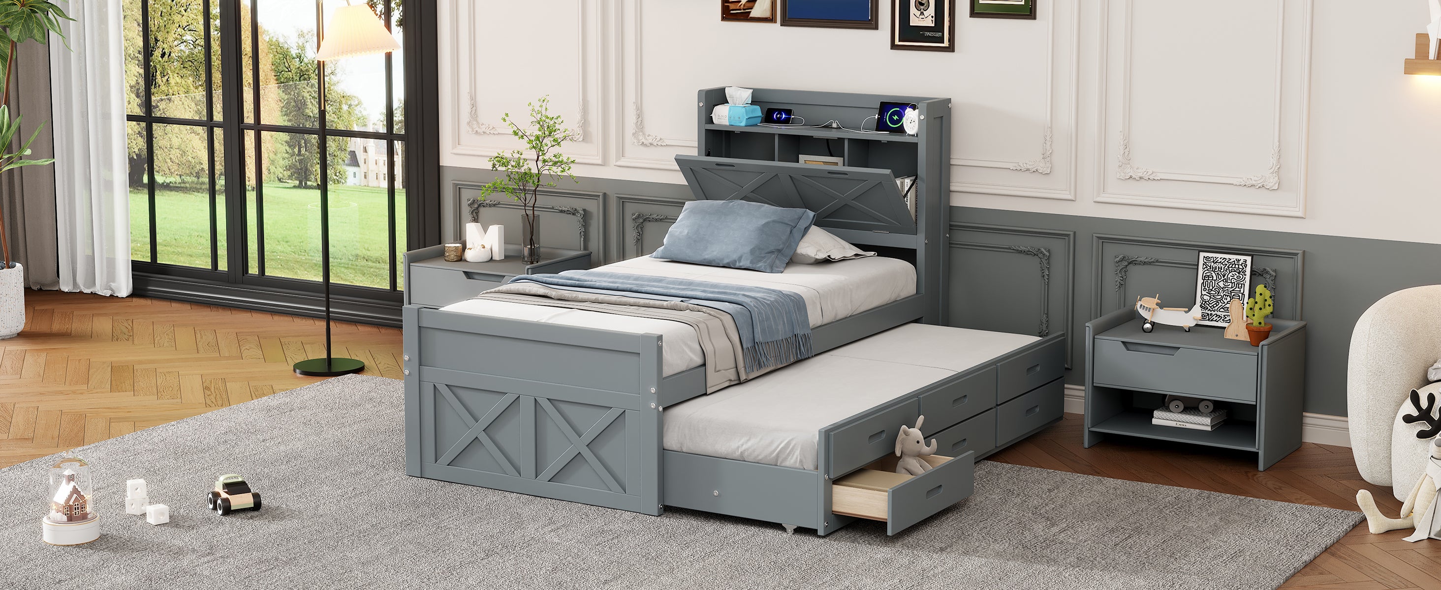 Twin Size Wooden Bed with Storage Headboard with Outlets, Extendable Bed with Twin Size Trundle with Three Storage Drawers,Gray