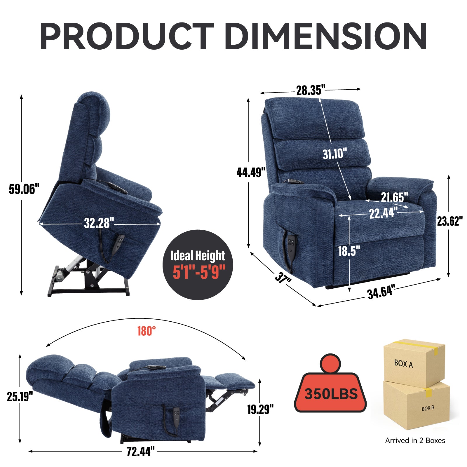 Blue Chenille Dual Motor Infinite Position Up to 350 LBS Power Lift Recliner Chair with Power-Remote, Heat Massage and Heavy Duty Motion Mechanism