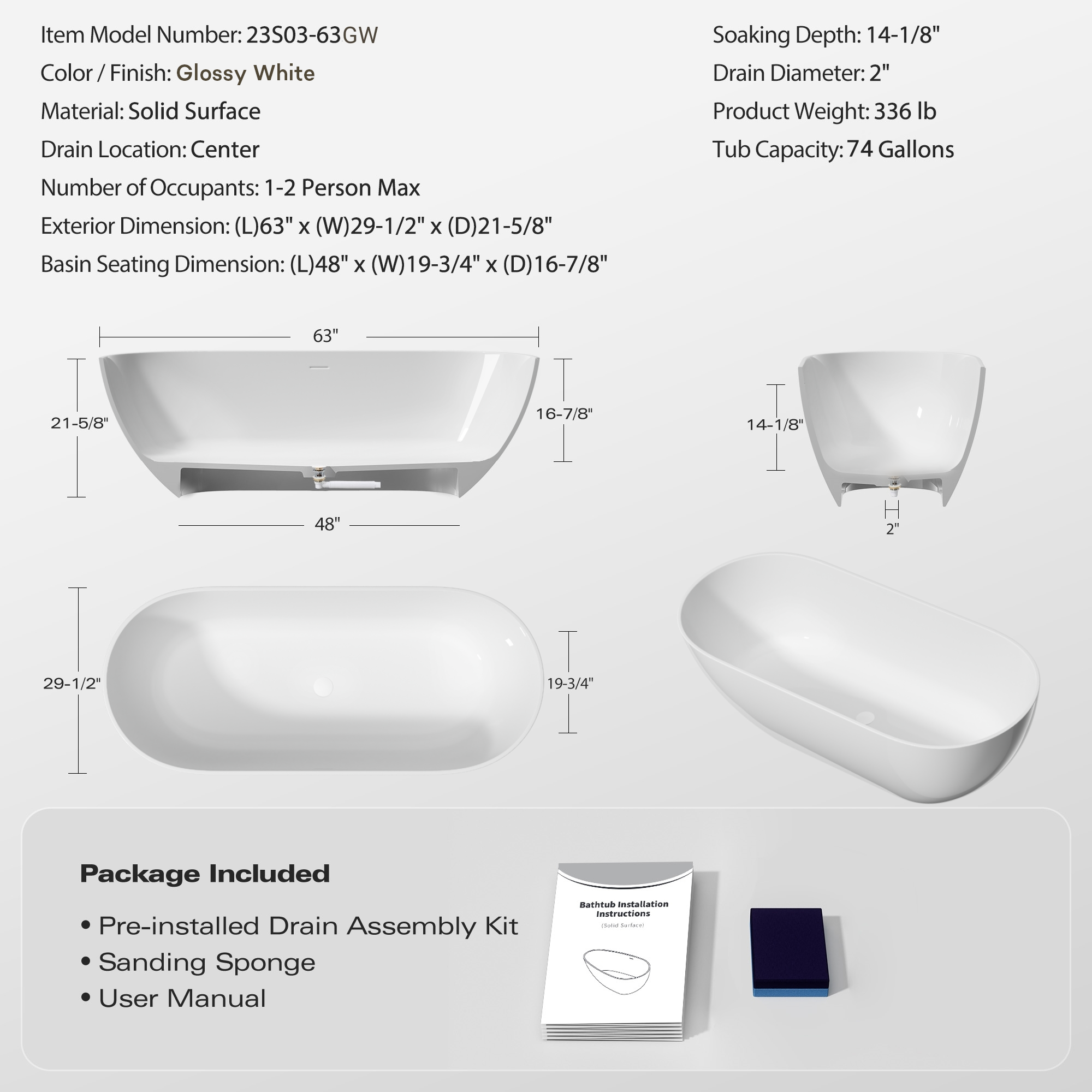 63" Freestanding Solid Surface Bathtub, Luxury Engineered Stone Resin Freestanding Soaking Bathtub with Overflow and Pop-up Drain for Contemporary Bathroom, Glossy White 23S03-63GW