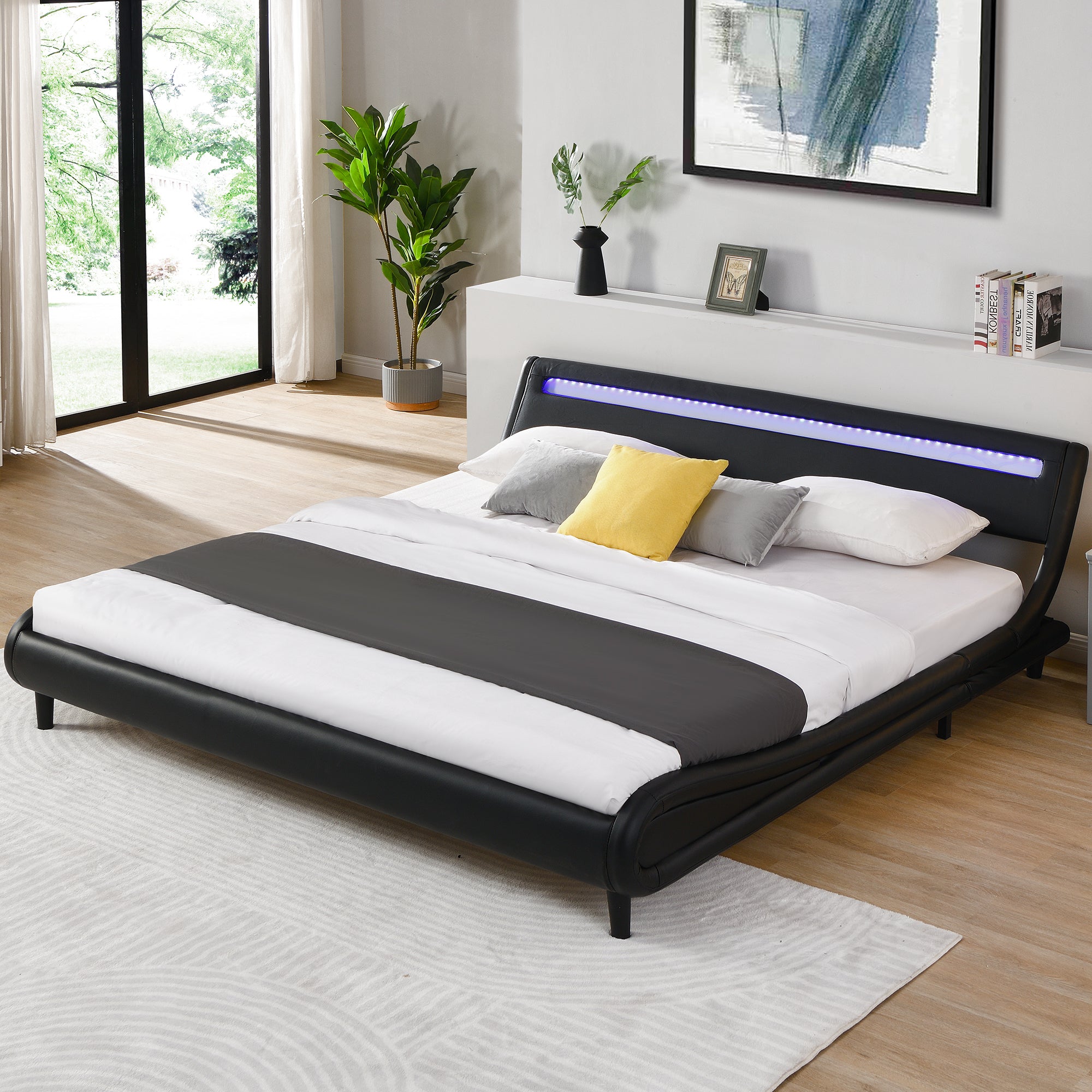 Modern Upholstered Platform Bed Frame with LED Lights Headboard, Faux Leather Wave-Like Platform Bed Frame,Strong Wood Slats Support, Easy Assembly, Black, King Size