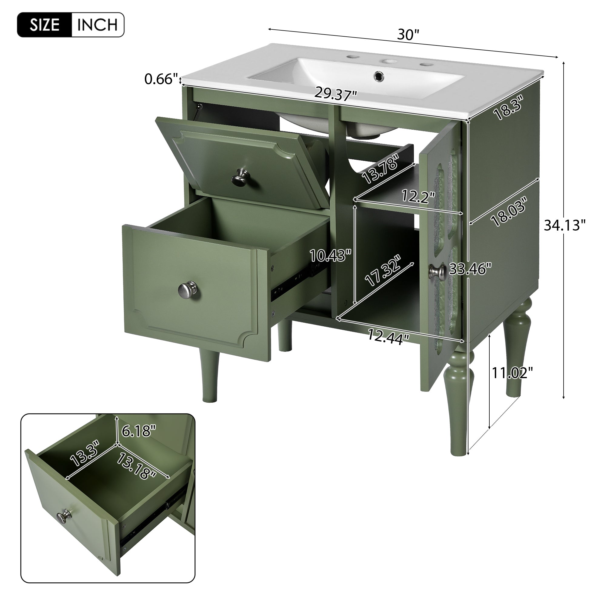 Retro Style 30'' Bathroom Vanity with Ceramic Sink Combo, Freestanding Single Vanity with 2 Drawers, Solid Wood Frame Bathroom Storage Cabinet, Green