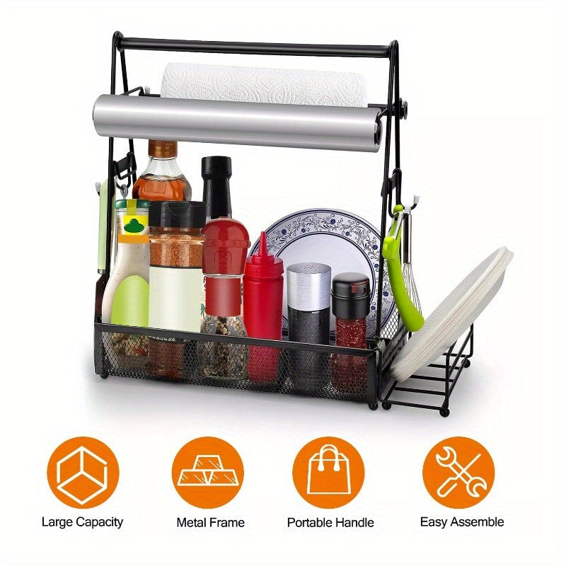 Metal Utensil Grill Caddy Holder BBQ Condiments Storage w/ Paper Towel Holder for Outdoor and Indoor