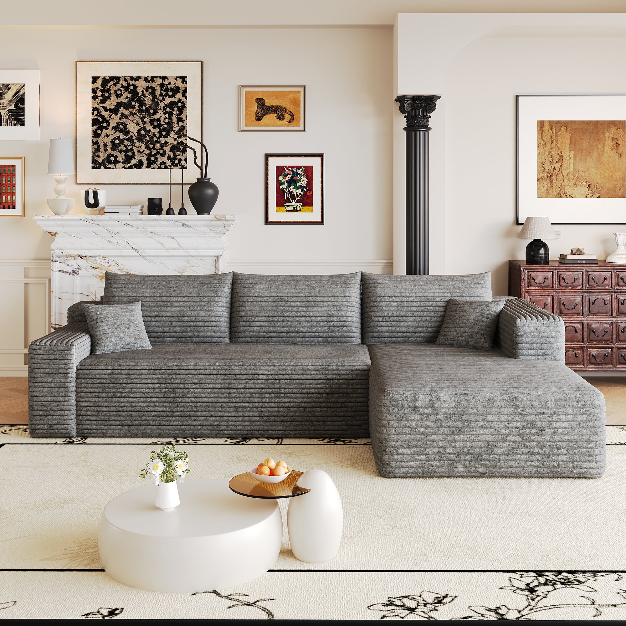 Dark grey 103-inch modern minimalist L-shaped sectional sofa, full view