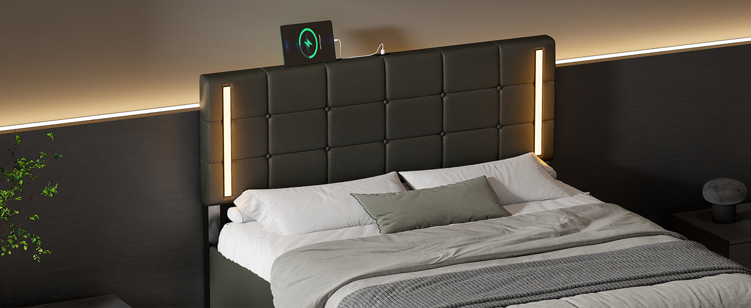 Queen Size Upholstered Bed with LED Lights,Hydraulic Storage System and USB Charging Station,Black