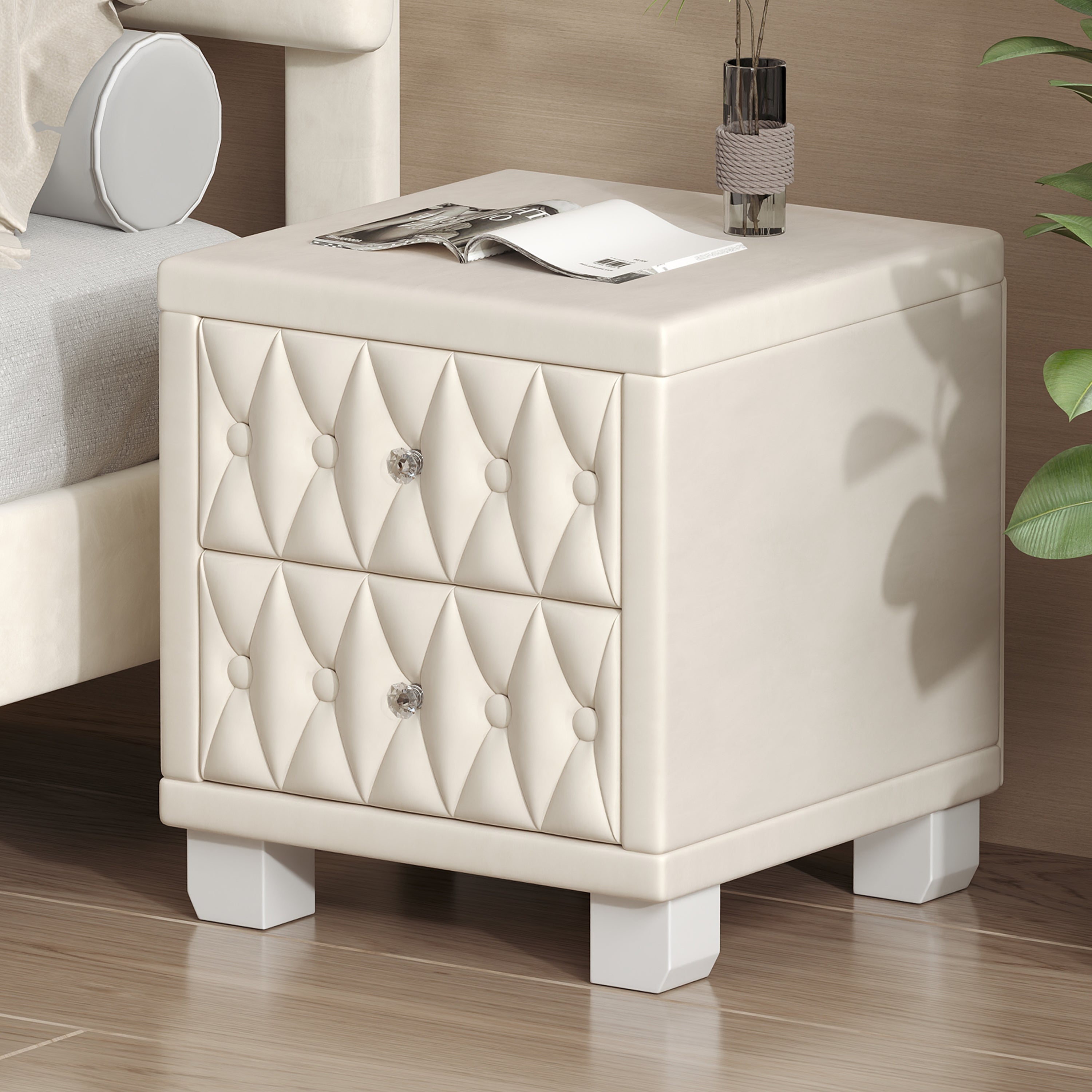 Beige velvet button-tufted bedside table, angled view