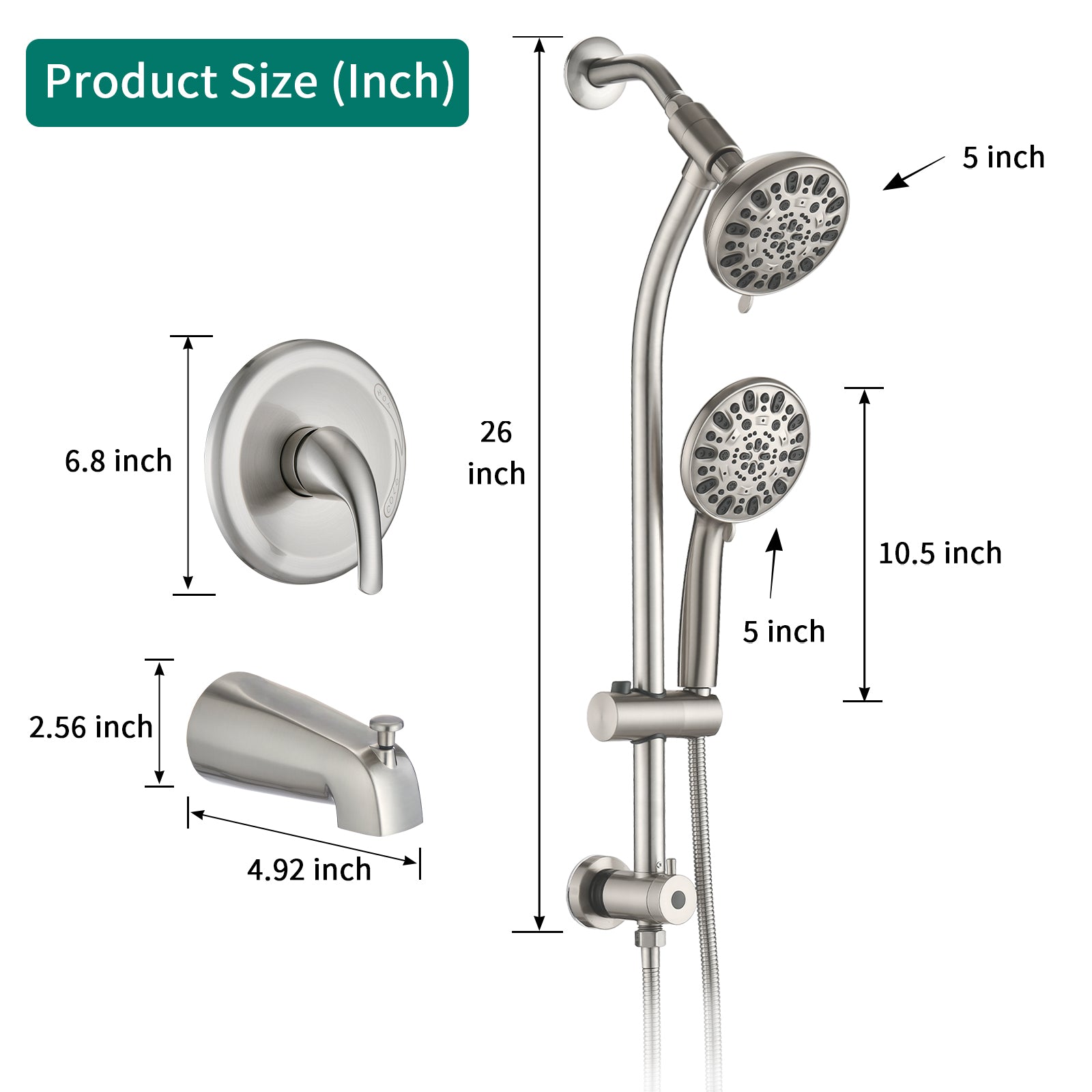 Drill-Free Stainless Steel Slide Bar Combo Rain Showerhead 7-Setting Hand, Dual Shower Head Spa System with Tup Spout (Rough-in Valve Included)