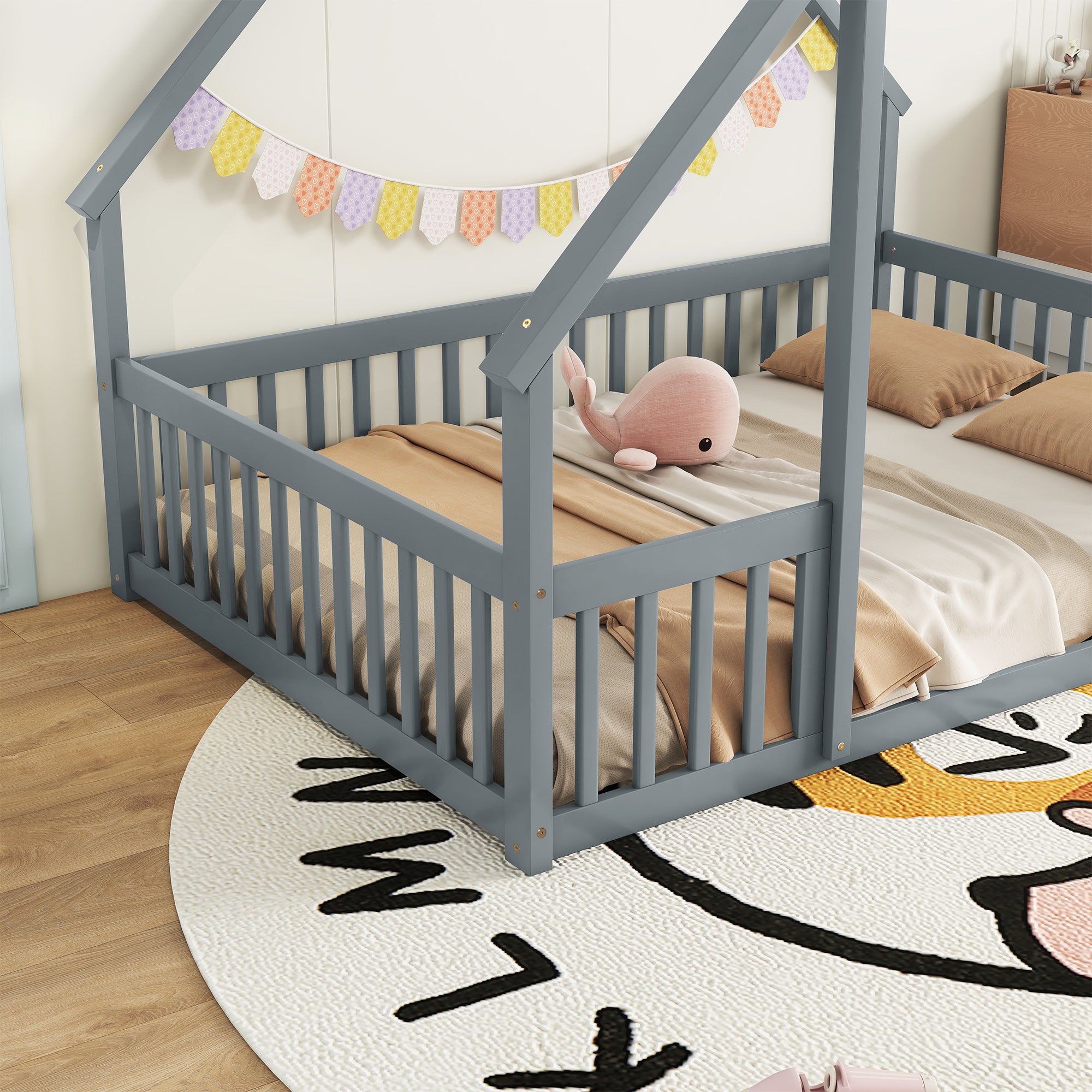 Full Wood House-Shaped Floor Bed with Fence, Guardrails,Grey