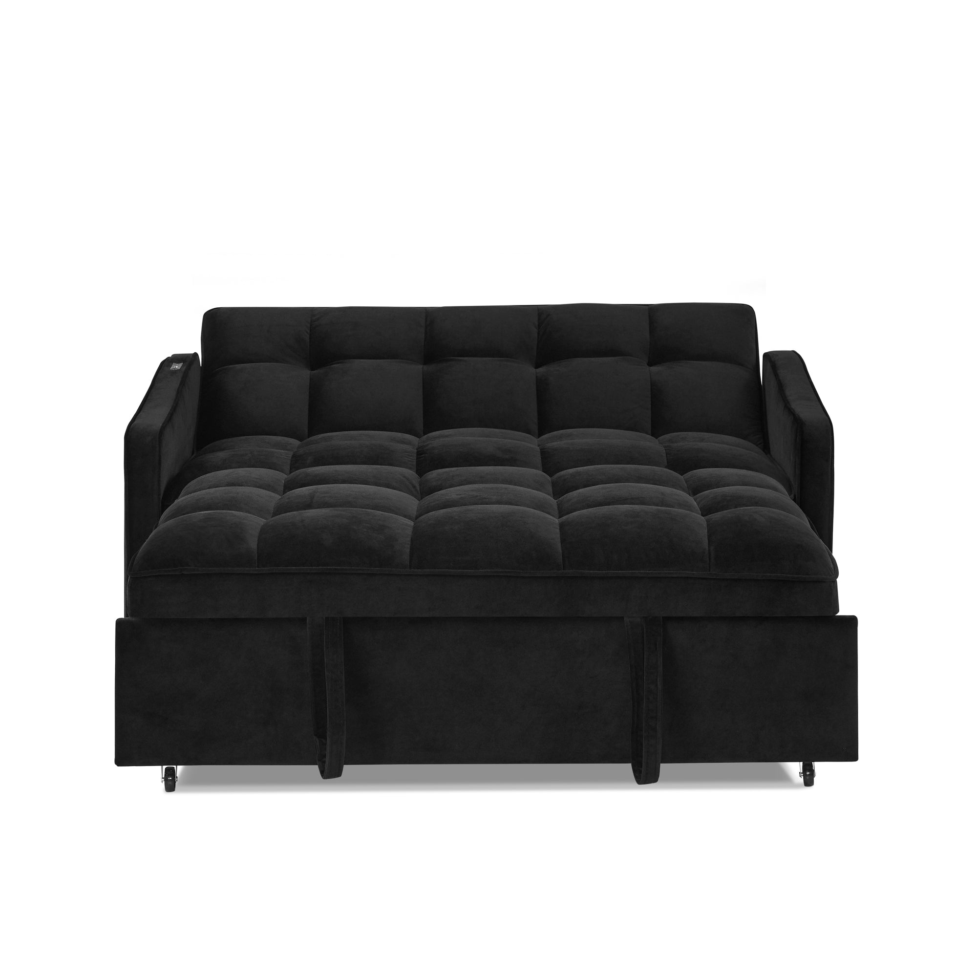 Loveseats Sofa Bed with Pull-out Bed,Adjsutable Back and Two Arm Pocket,TypeC and USB Charging with Copper nail,Black (47"x53"x31")